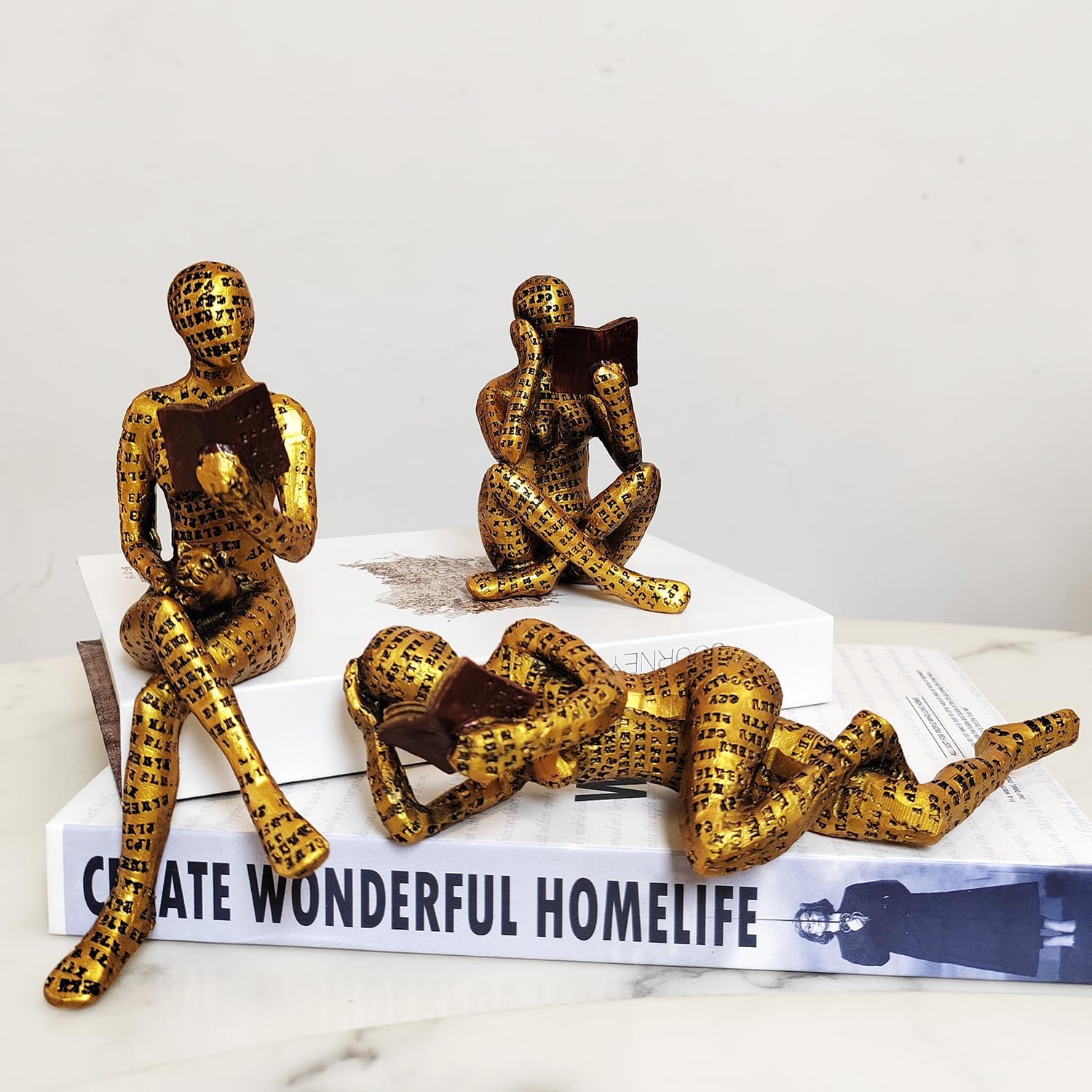 Yahu Lando 3 Pcs Reading Women Figurine, Thinker Statue，Modern Bookshelf Decor，Aesthetic Sculpture，Room Decor Modern Abstract Decoration on Shelf Table Desk for Living Room Office Bedroom(Gold)