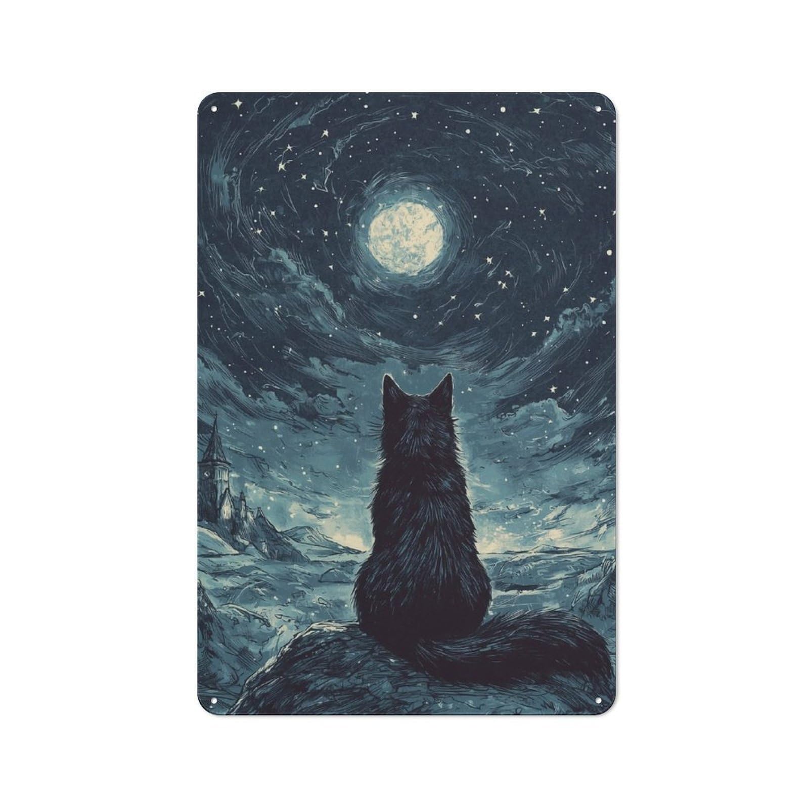 Junmoney Black Cat Under The Moon Tin Wall Plaque 30X20cm With For Dining Room Or Kitchen, Tin Sign Wall Decor For Kitchens And Dining Spaces