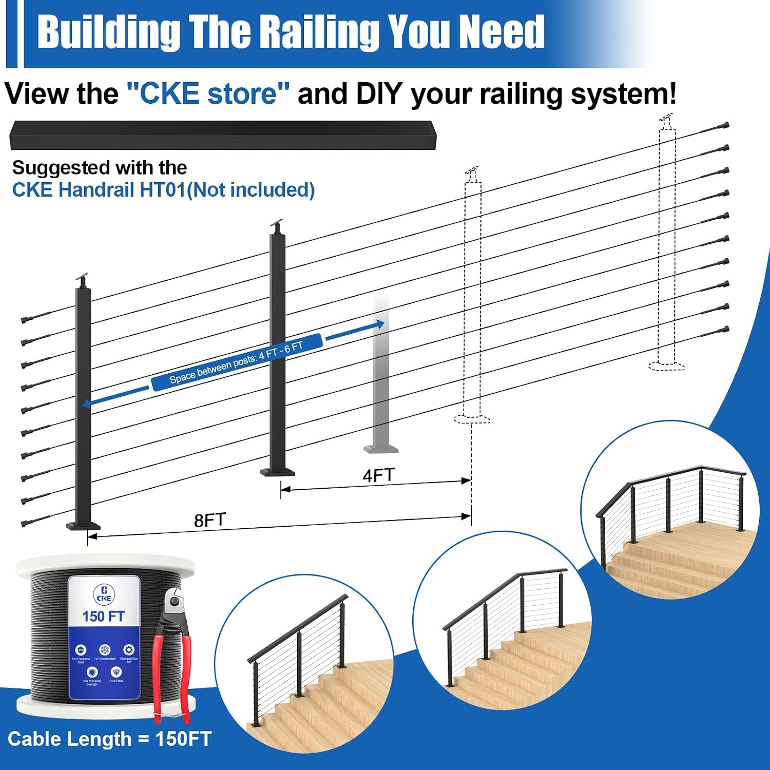 CKE 5-10ft Complete Set 36" Stair Cable Railing Post Kit (35"x2"x2") for 25°-35° Stair, 2 Pack Stair Cable Posts, 150ft 1/8" Wire Rope, Black Invisible Cable Railing System DIY Kit (No Handrail) SPS01