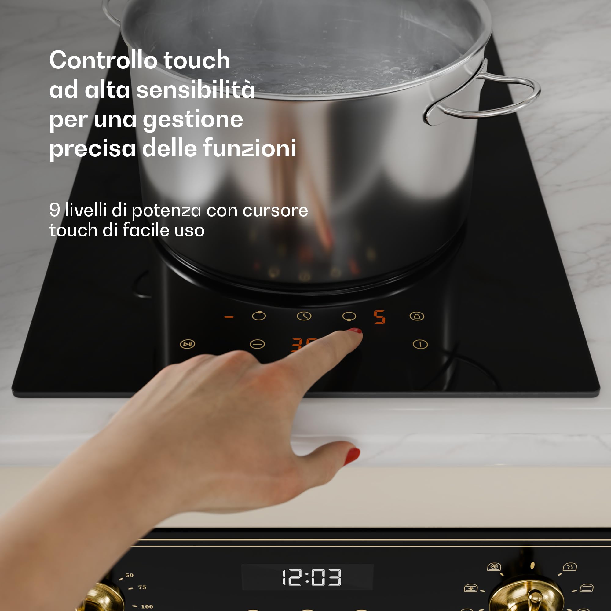 Klarstein Victoria Piano Cottura Vetroceramica 2 Fuochi - 30 cm, Design Retrò, 3000 W, Touch Slider, 9 Livelli, Timer & Blocco Bambini, Piano Cottura Elettrico Compatto per Cucina