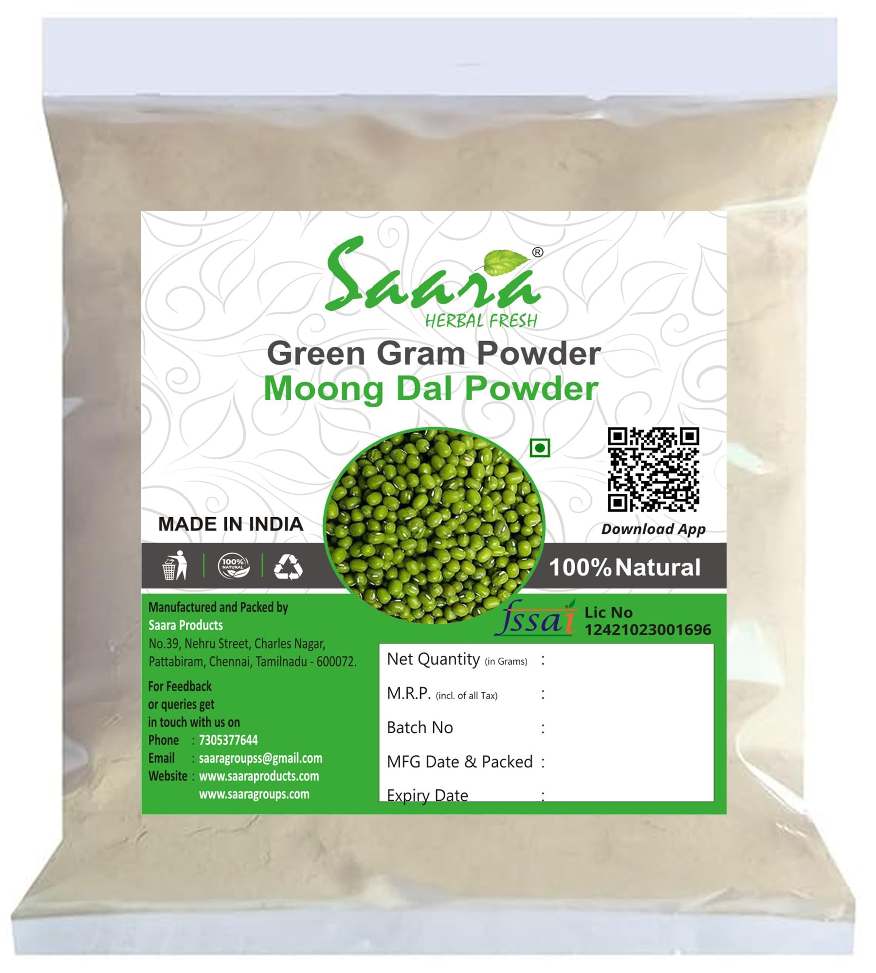Green Gram Powder,100g, Moong Dal, Pachai Payaru, Mung Bean, Cherupayar, Hesaru Kaalu, Muga Powder,(pack of 1 x 100g)