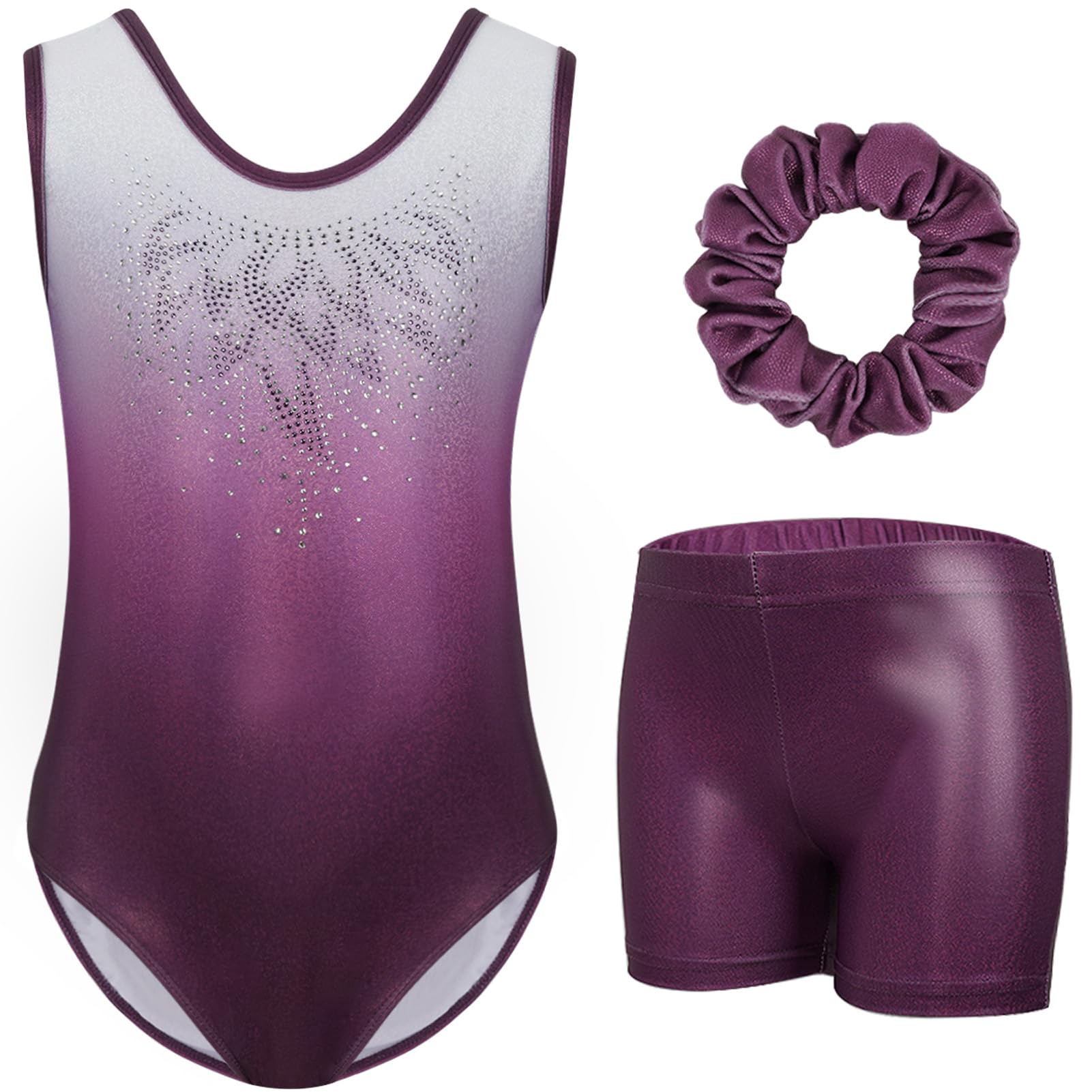 Gogokids - Set da ginnastica in 3 pezzi, con scollo a Y, senza maniche, con pantaloncini e fascia, con motivo a blocchi di colore blu e viola, 3-12 anni