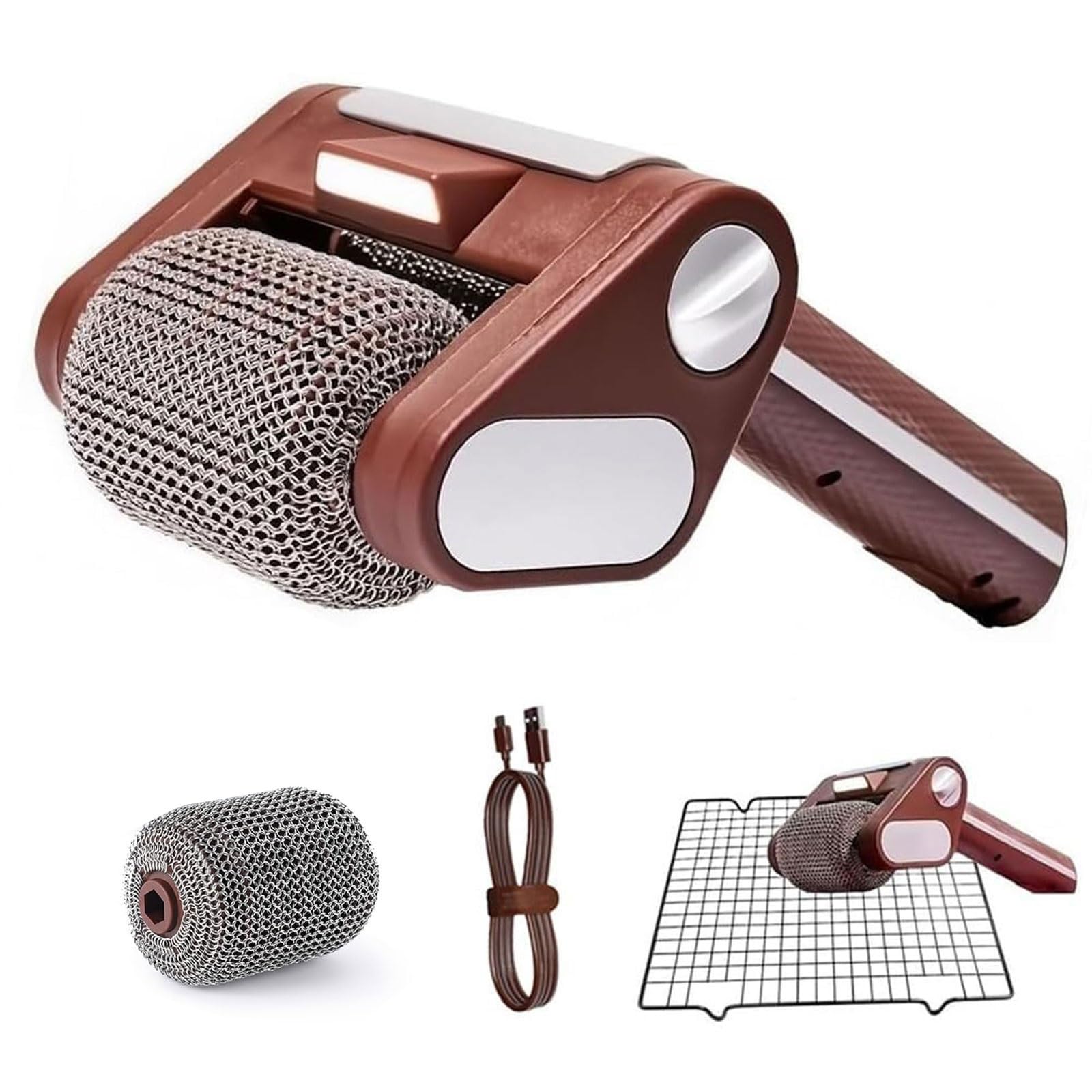 Elektrische Grillreinigungsbürste, schnurlose borstenfreie Spinnbürste mit 350 U/min Edelstahlrolle für Grill, abnehmbares Design und LED-Licht, 2 Edelstahlrollen im Lieferumfang enthalten