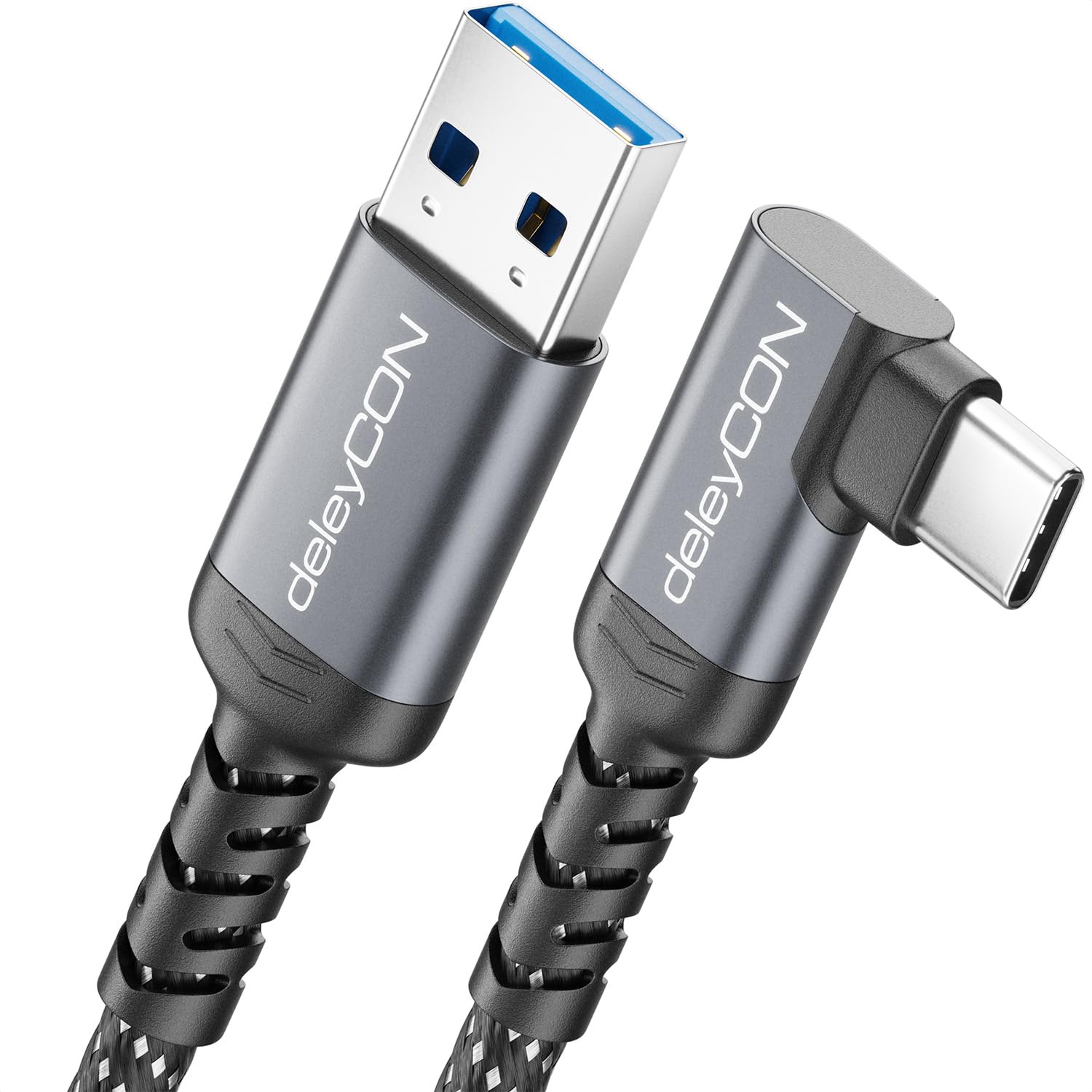 deleyCON 1m USB-A auf USB-C Kabel 90° Winkel USB 3.0 5Gbps (USB 3.2 Gen1) 90 Grad - Ladekabel Datenkabel für Smartphone Tablet Notebook Kamera HDD SSD Externe Festplatte Usw.