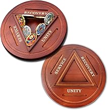 Solid Wood Sobriety Coins Display Holder, Round Alcoholics Anonymous Coin Display Case, AA Medallion Stand Holds 13 Tokens, AA Chip Holder for Sobriety Gift (Walnut)