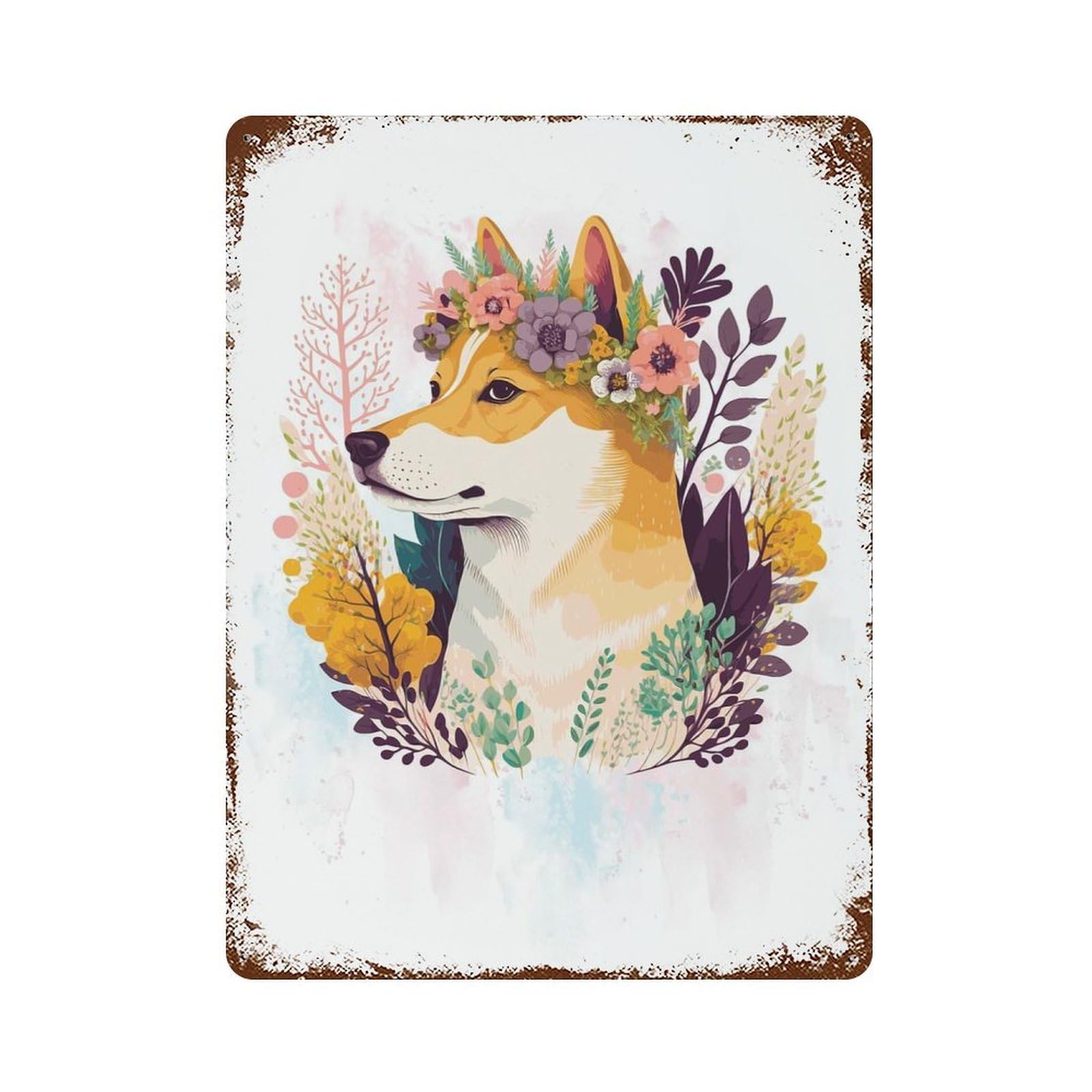 Floral Shiba Inu Dog Art 15.7"x11.8" Vintage Rust Metal Sign, Novelty Wall Decor for Living Room, Hallway And Home Decor