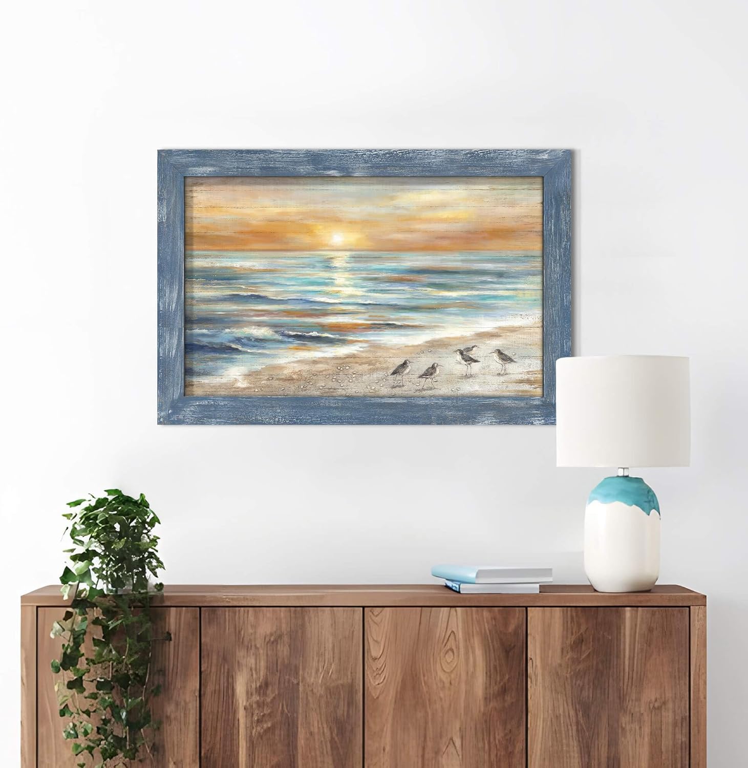Framed Sunset Ocean Wall Art: Modern Coastal Sea Birds Wooden Painting Rustic Dusk Beach Sandpiper Artwork Calming Seascape Nature Picture Seaside Seagulls Prints for Bedroom Bathroom Living Room