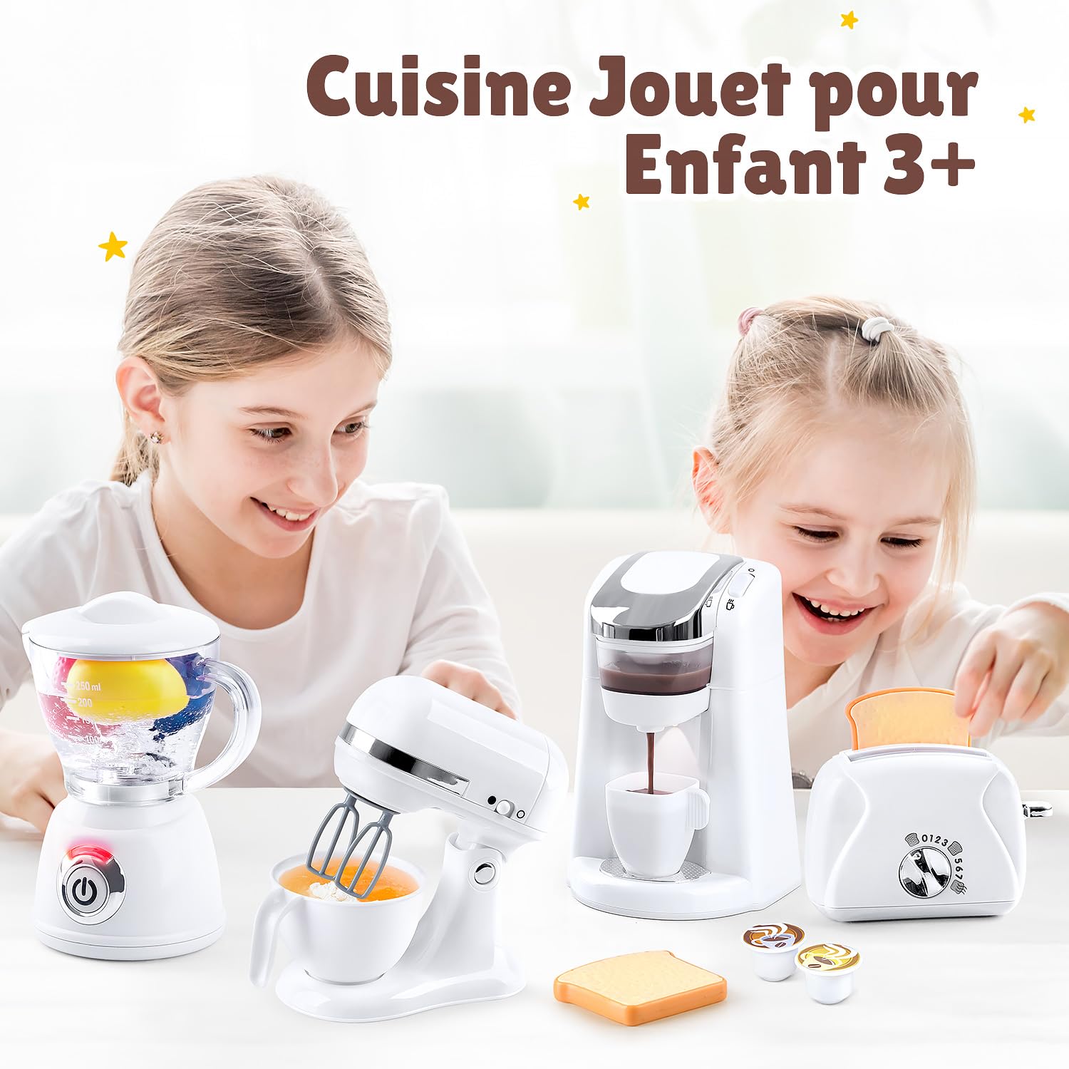 PLAY Ustensile Cuisine Enfant Accessoire avec Cafetiere, Mixer, Blender et Grille Pain Jouet avec Eclairage et Son Réalistes, Set de Cuisine Jouet pour Enfant 3+ Ans (Blanc)