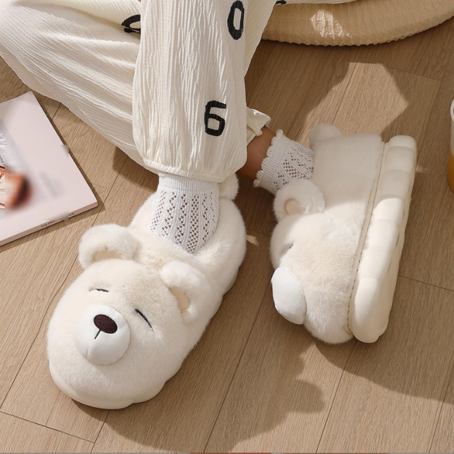 Genérico Lindas Pantuflas De Oso Polar, Antideslizantes Y De Felpa Cálida
