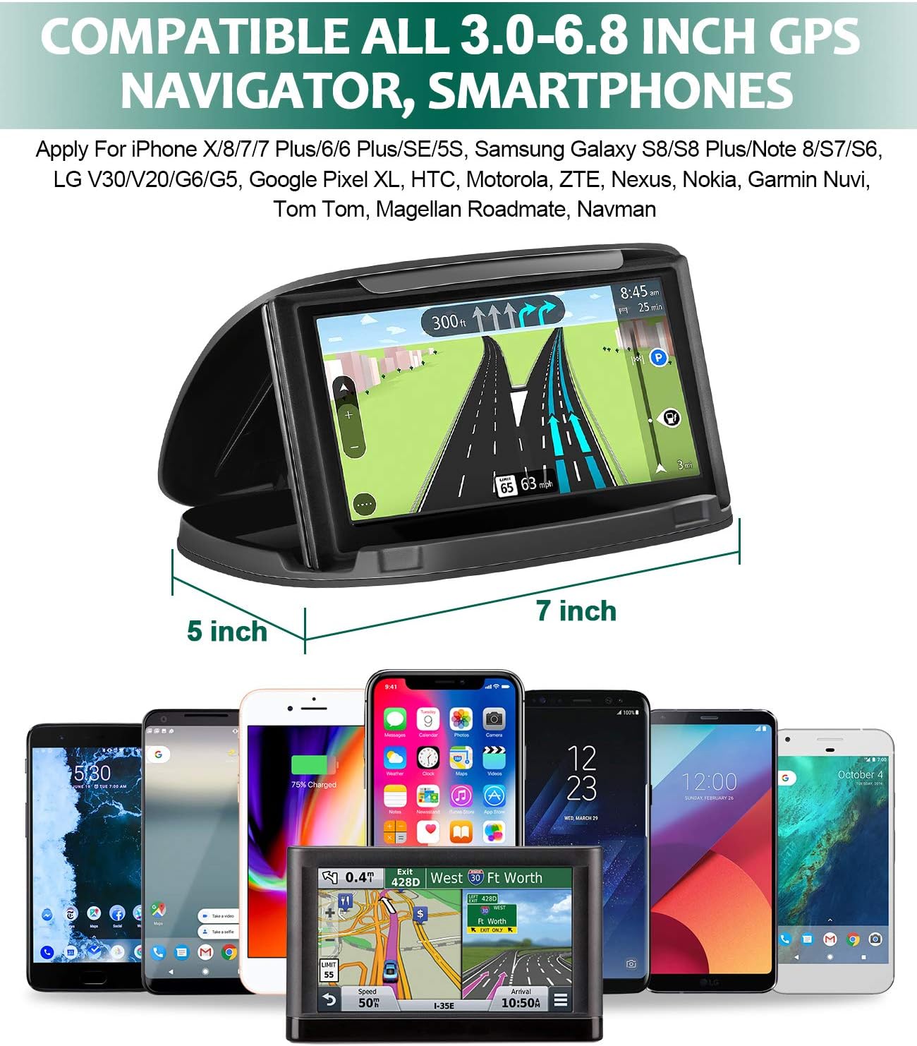 GPS Holder for Car, Cell Phone Holder Car Dashboard,Reusable Silicone Pad Universal Car Mount Cradle Compatible for Garmin GPS, iPhone Xs Mas 8 Plus,Samsung Galaxy S10 S9 S8,3 to 6.8 inch Phones