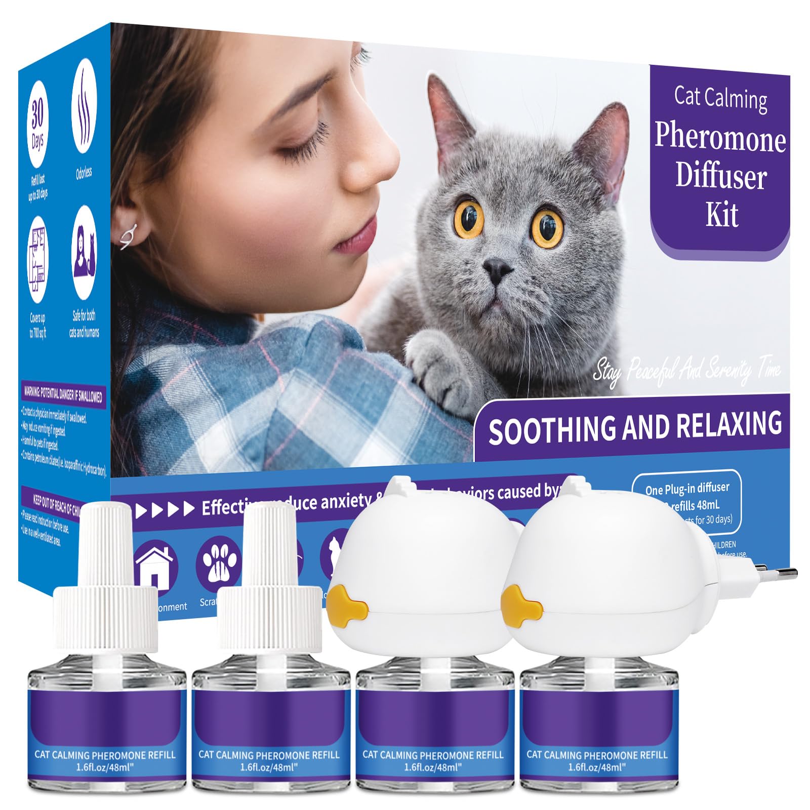Difusor de Feromonas para Gatos - Enchufe Calmante para Relajación, Kit con 2 Difusores + 4 Recargas de 48ml - 4 Meses de Confort
