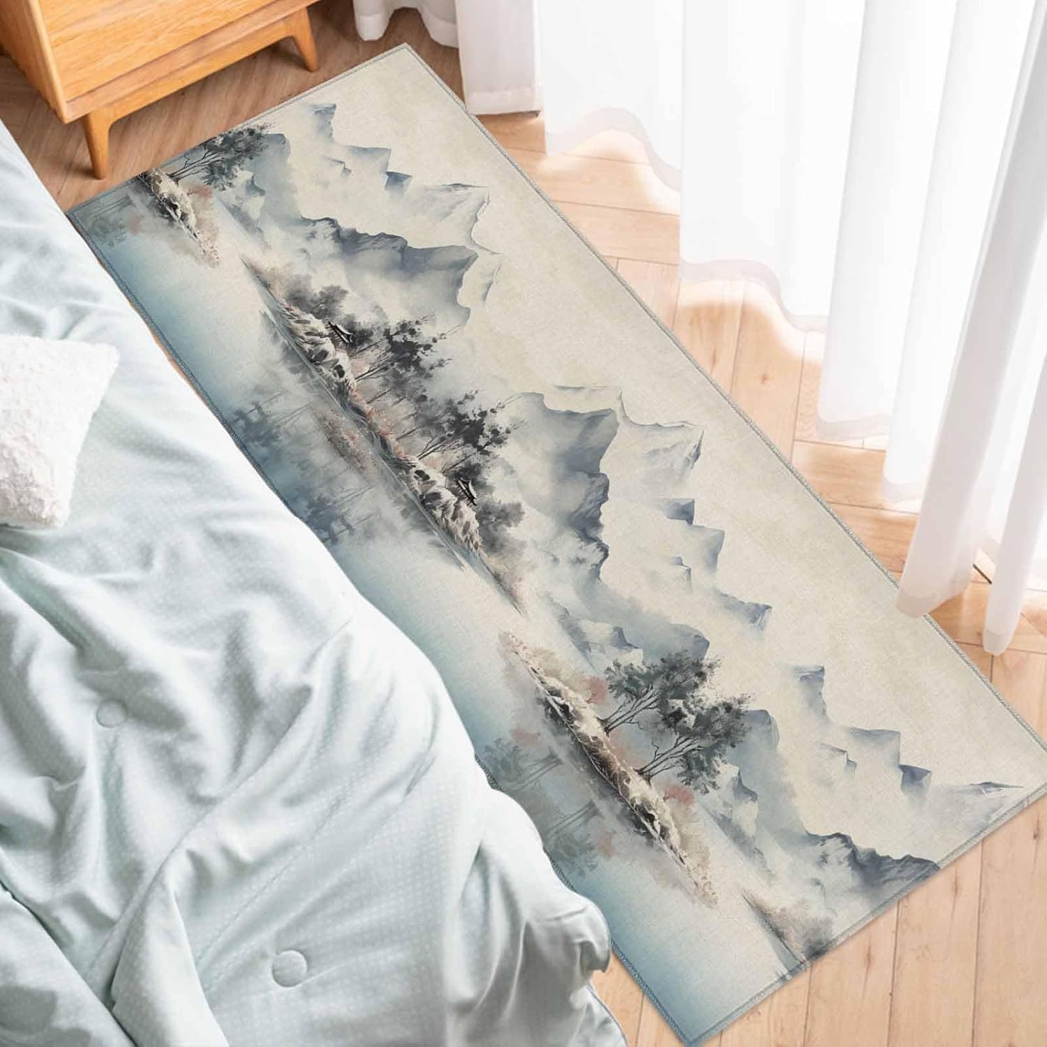Teamery Kitchen Mats for Floor Chinese Ink Painting Mountain Forest Washable Non Slip Kitchen Rugs 1PCS, Farmhouse on Linen Absorbent Standing Mats for Sink Bathroom Office Living Room 15.7x47.2in