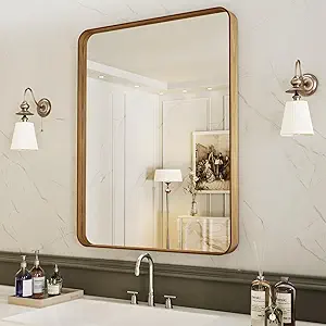 LOAAO 28X36 Bathroom Mirror with Wood Grain Colored Metal Frame, Rounded Rectangle Metal Framed Bathroom Mirror, Anti-Rust, Hangs Horizontally or Vertically