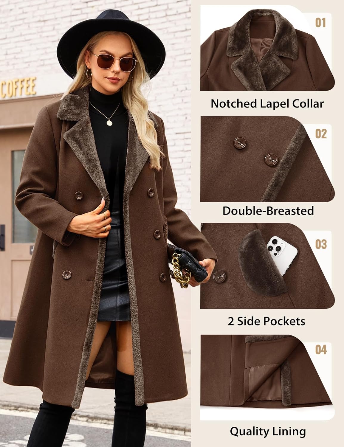 Women's Winter Coats Warm Double Breasted Pea Coat Lapel Collar Trench Coat Long Thick Slim Fit Outwear - Image 2
