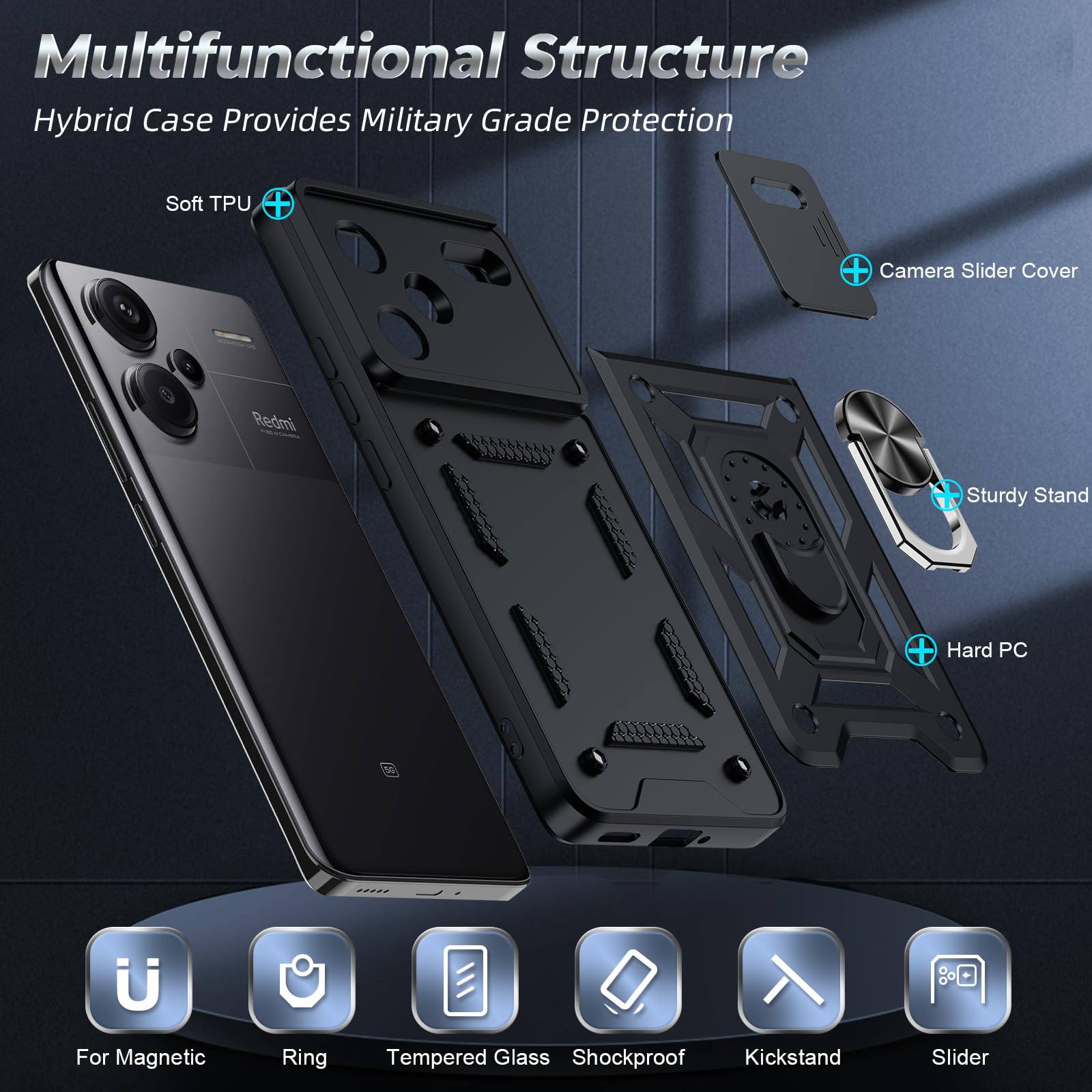 LeYi Cover per Redmi Note 13 Pro 5G (Non per 4G) Custodia con 2 x Vetro Temperato +2 x Protezione Fotocamera, Militare 360° Anello Supporto TPU Bumper Antiurto per Xiaomi Redmi Note13Pro
