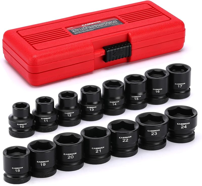 Jogo de Soquetes de Impacto Curtos CASOMAN com Encaixe de 12,7 mm (1/2 pol.), 10–24 mm, 6 Pontas, Aço CR-MO, 15 Peças