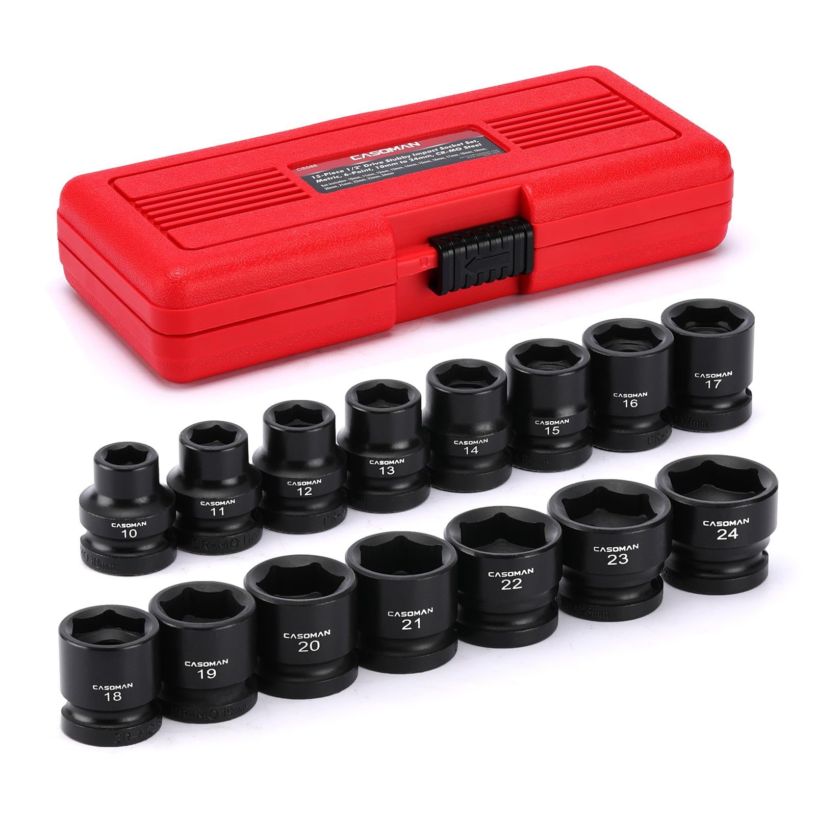 CASOMAN 15PCS 1/2" Drive Stubby Impact Socket Set, Low Profile, 10-24mm, Metric, CR-MO, 6-Point, 15 Pieces Shallow Socket Set for Automotive Maintenance, Repairs and DIY, for Tight Areas