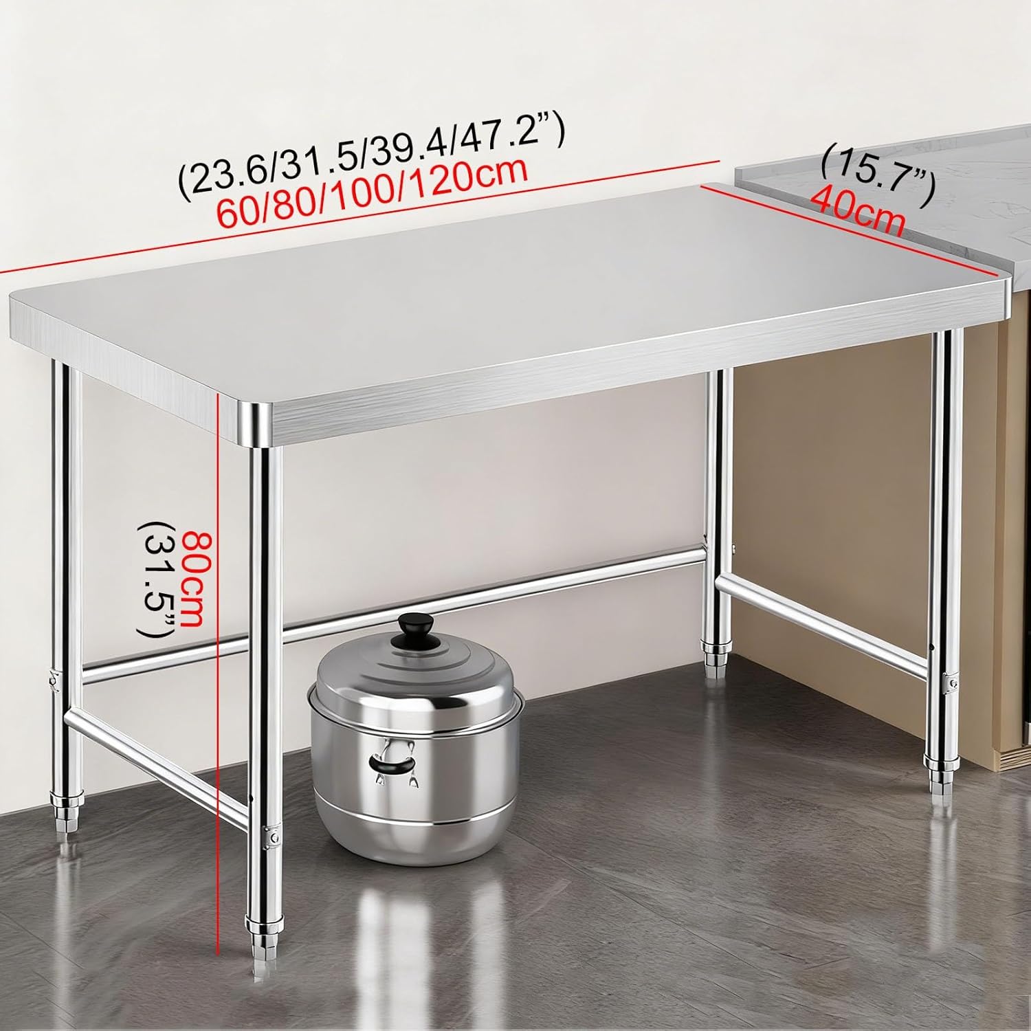 Single-Tier Stainless Steel Workbench Kitchen Cutting Board Table Worktable with Support Rods for Easy Installation Features a Metal-Finished Rounded-Edge Countertop(60x40x80cm/23.6x15.7x31.5”)