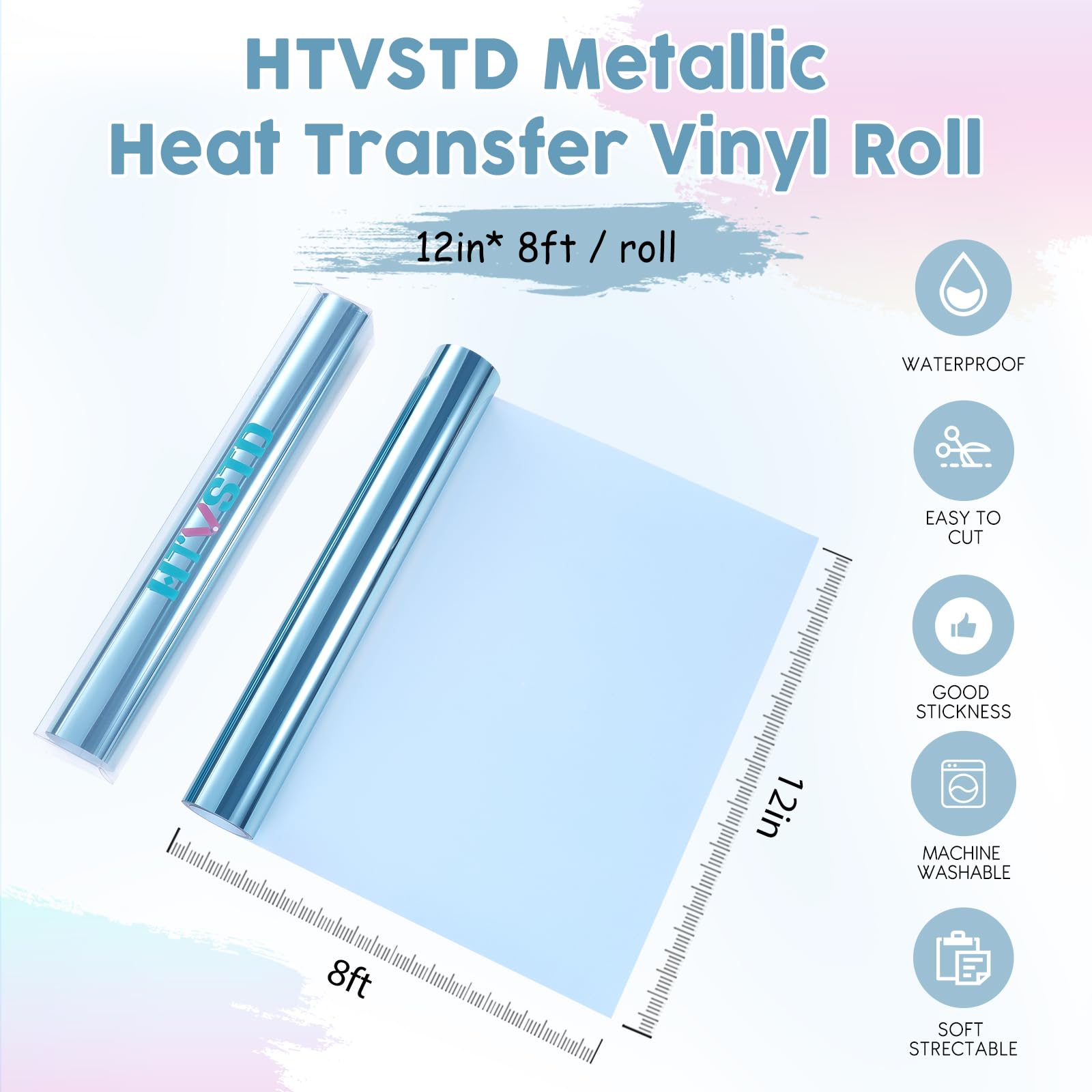 Rollo de vinilo HTV metálico azul lago, 12 x 8 pies, vinilo de transferencia de calor HTV azul claro para planchar en camisetas compatibles con Silhoutte Cameo o Cricut