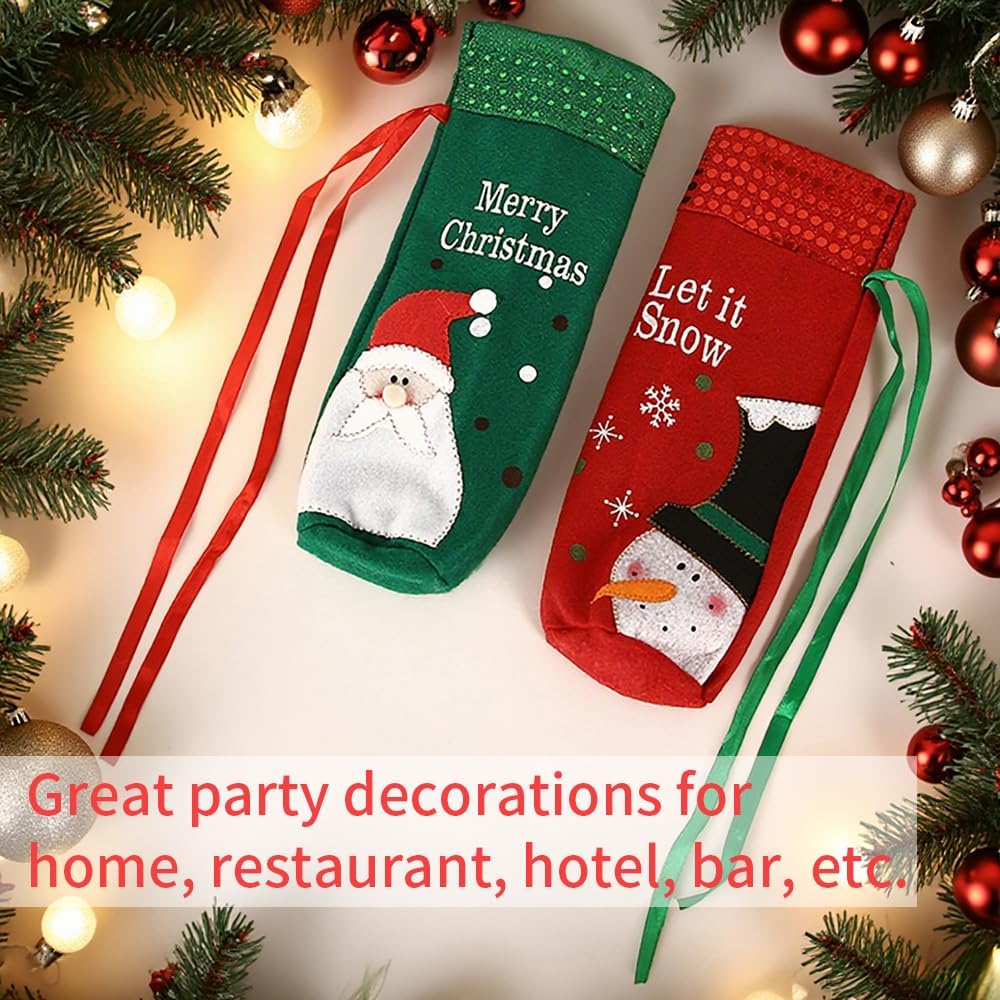 2 Pcs Christmas Wine Bottle Cover Red Green Wine Bottle Sweater with Glitters Snowman Santa Claus Design Xmas Bottles Dress for Winter Holiday New Year Party Decoration
