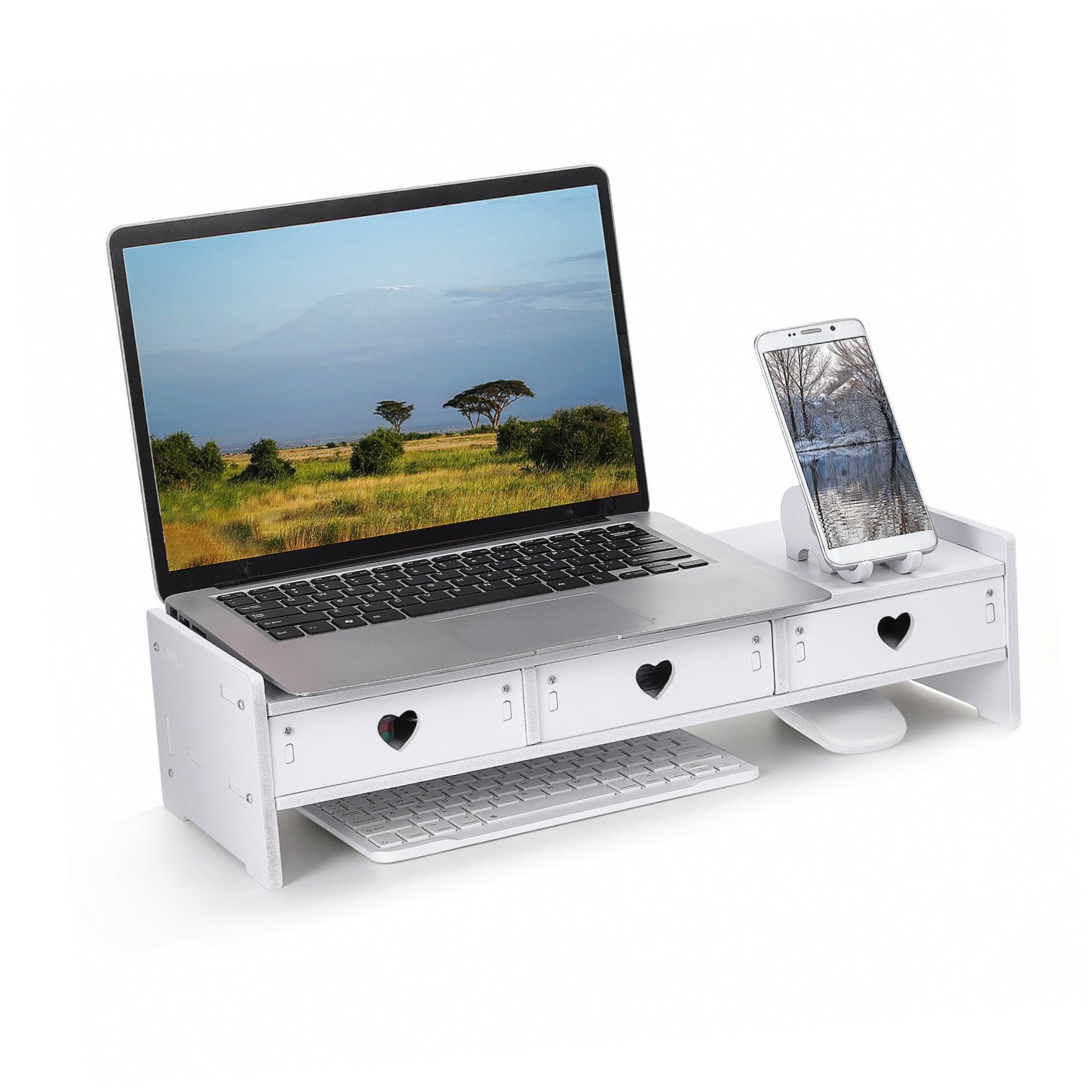 CRAFTHROU Organizer da Scrivania Bianco Cassetto per Tastiera, Supporto Alza Monitor in Composito Legno-plastica, Salvaspazio per Ufficio Minimalista