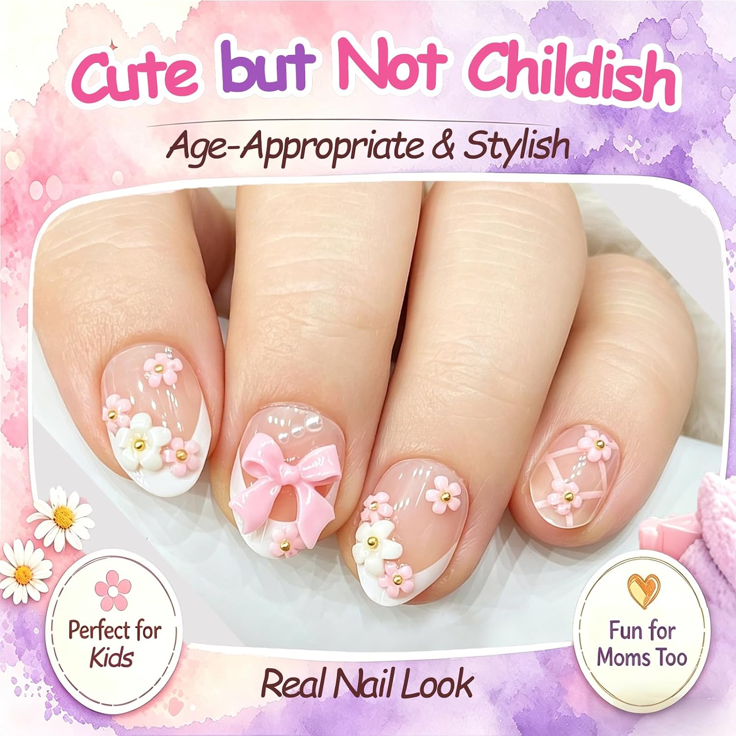 24 Pieces Press on Nails for Kids, Trendy Ballet Bow & Flower Kids Press on Nails for 6-12 Years, Fashion Nail Kit for Girls with Nail Glue, Adhesive Tabs