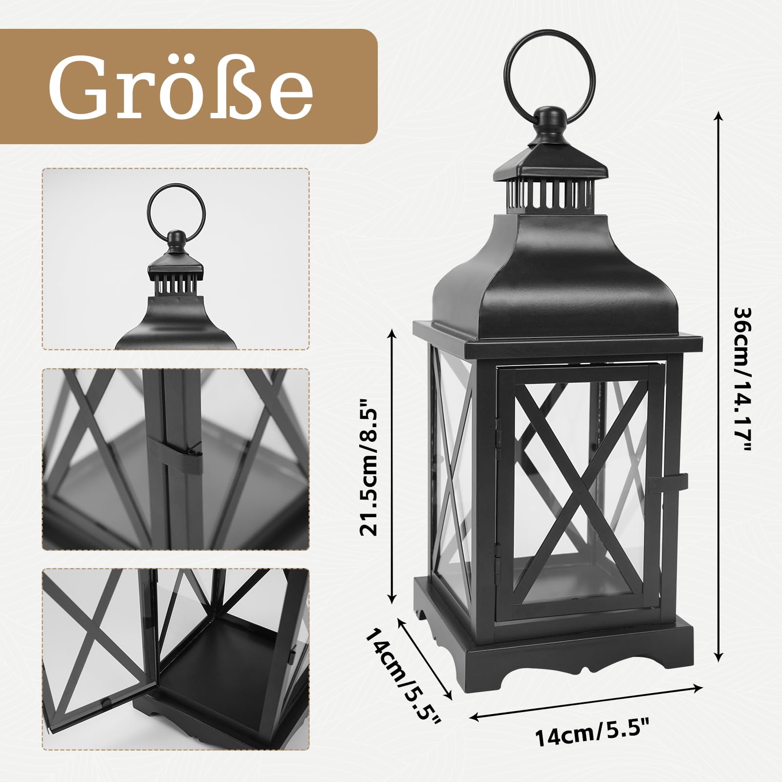 Schwarze Metall Grablaterne Friedhof Wetterfest Windlicht groß Outdoor Garten Kerzenlaterne Dekorative Laternen für draußen Höhe 36 cm