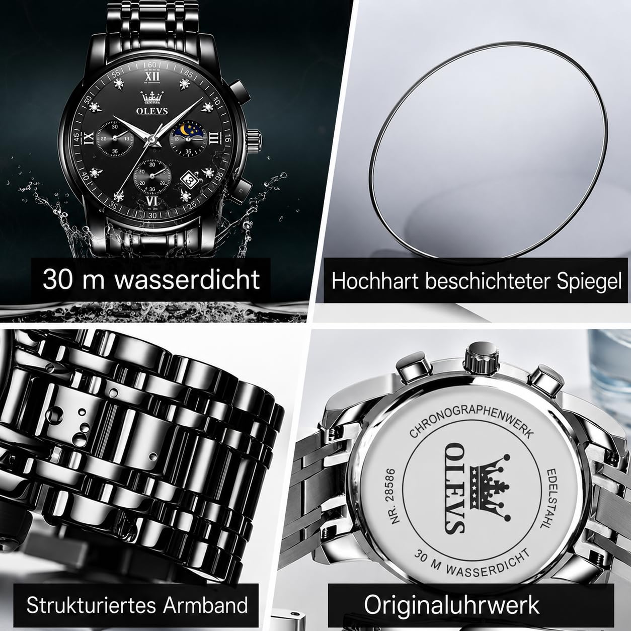 OLEVS Armbanduhr Herren Quarz Luxus Edelstahl Business Herrenuhr Chronograph 3Bar Wasserdicht Uhren Herren 42mm Zifferblatt mit Mondphase Datum Leuchtzeiger klassisch schlicht Geschenk für Männer