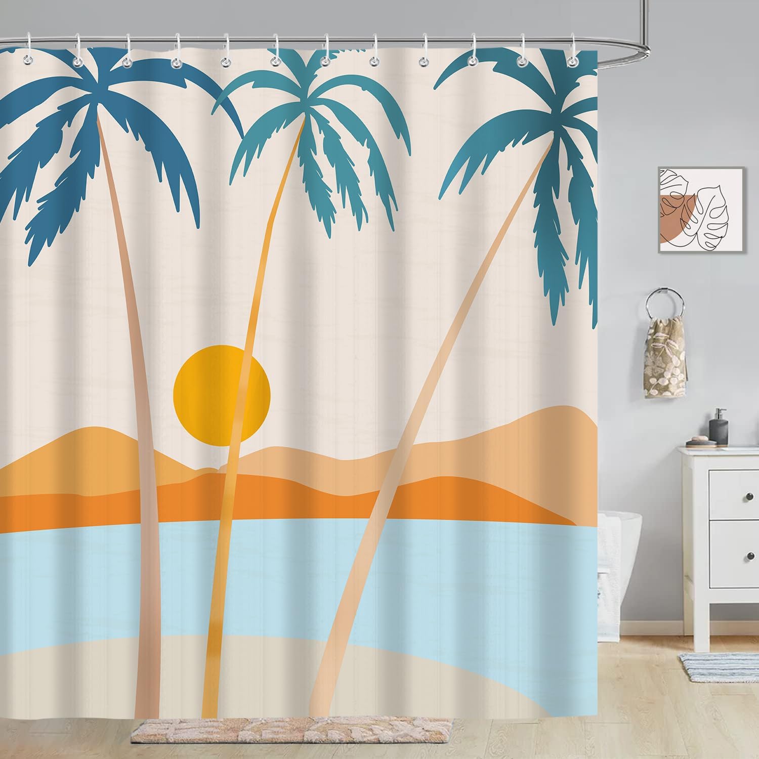 Tropical Palm Tree Sunset Shower Curtain, Ocean Beach Mid Century Abstract Modern Boho Aesthetic Durable Fabric Waterproof Bathtub Curtains for Bathroom Decorative Set with Hooks,72x84