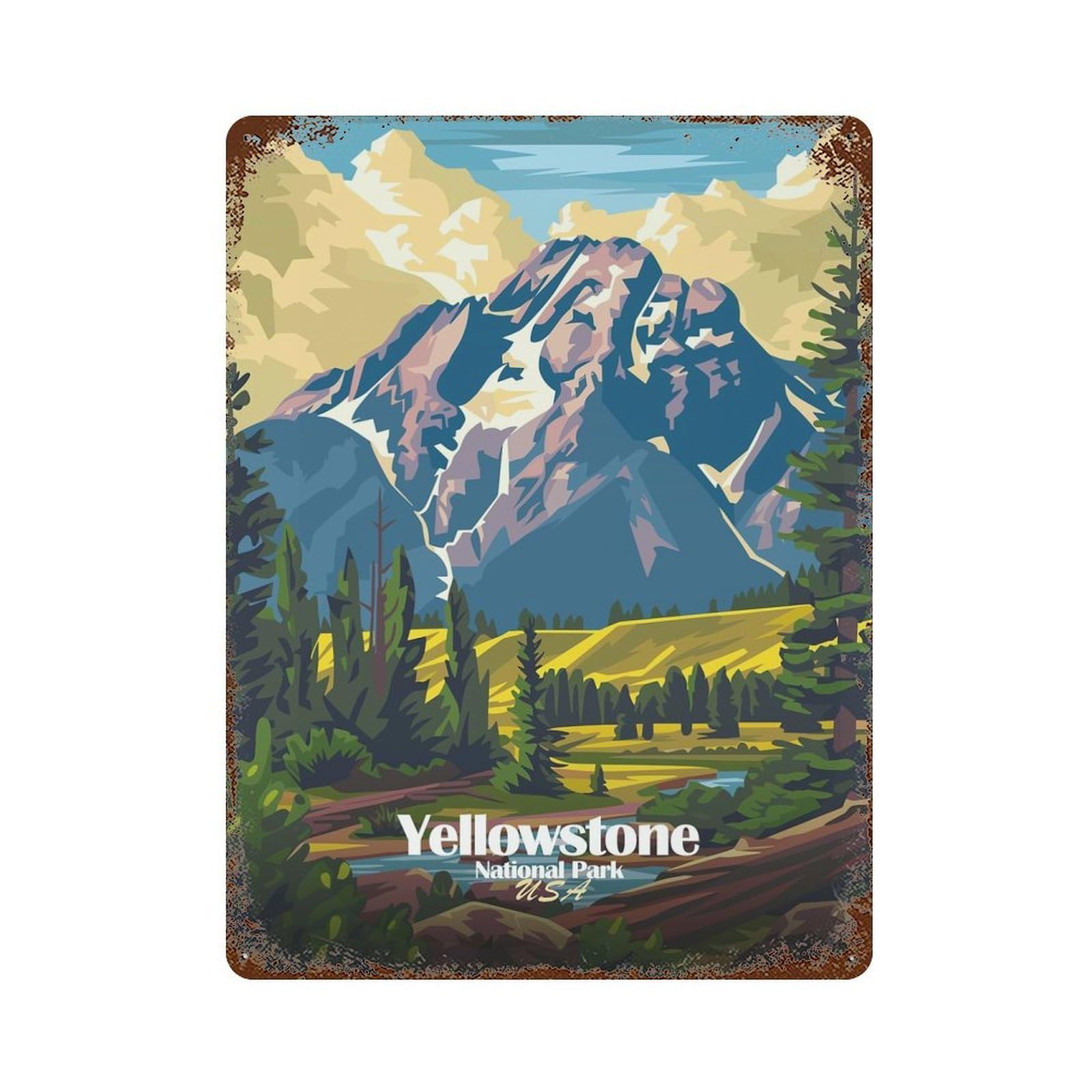 Vintage Metal Tin Sign with Yellowstone National Park Illustration Design 15.7"x11.8", for Garage, Bar And Workshop Decor, Novelty Wall Decor