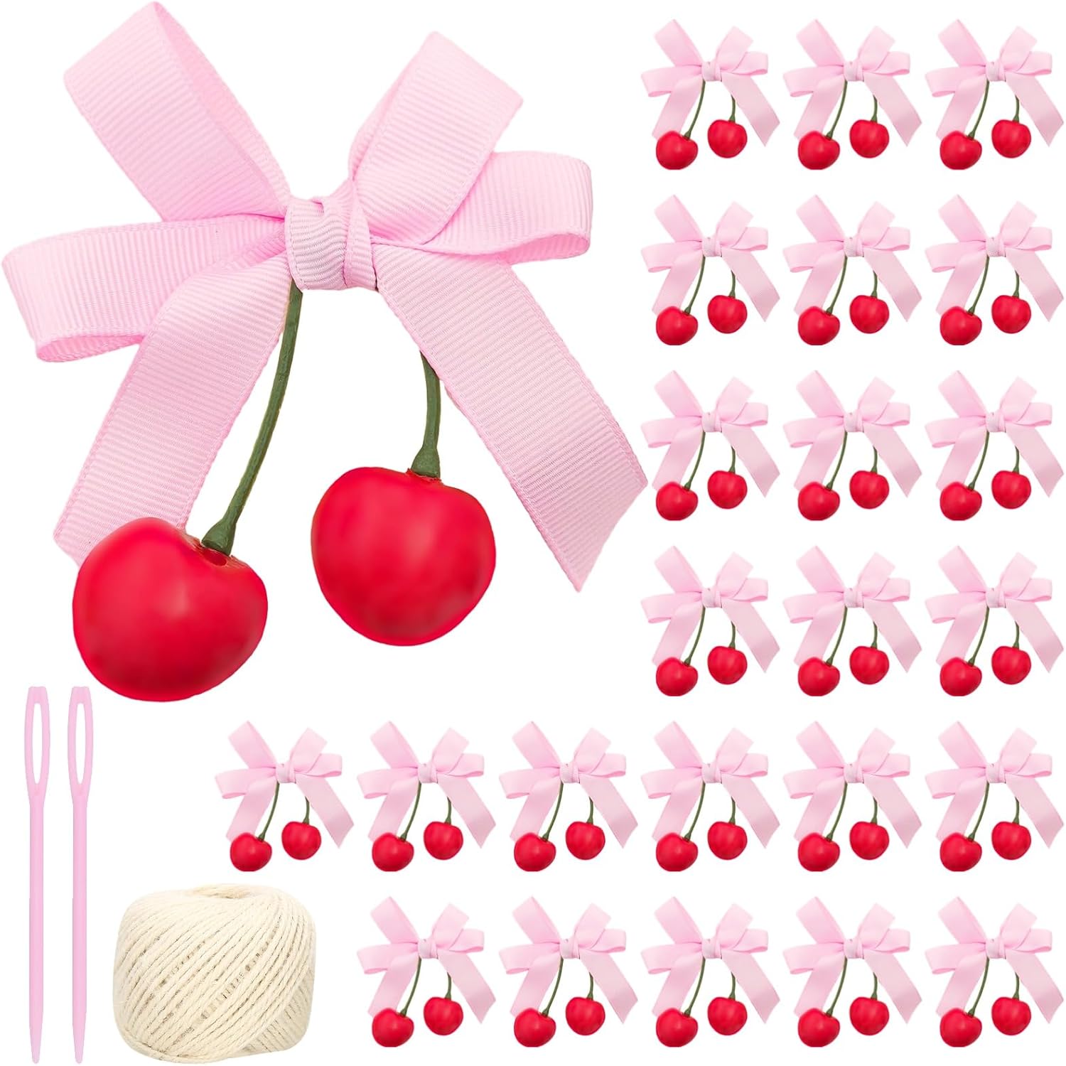 24 Pcs Pink Cherry Bows DIY Craft Kit, Sweet Handmade Bows with 2 Sewing Needles, Cherry Bow Garland Decor for Hair Accessories, Birthday Decorations, Party Supplies