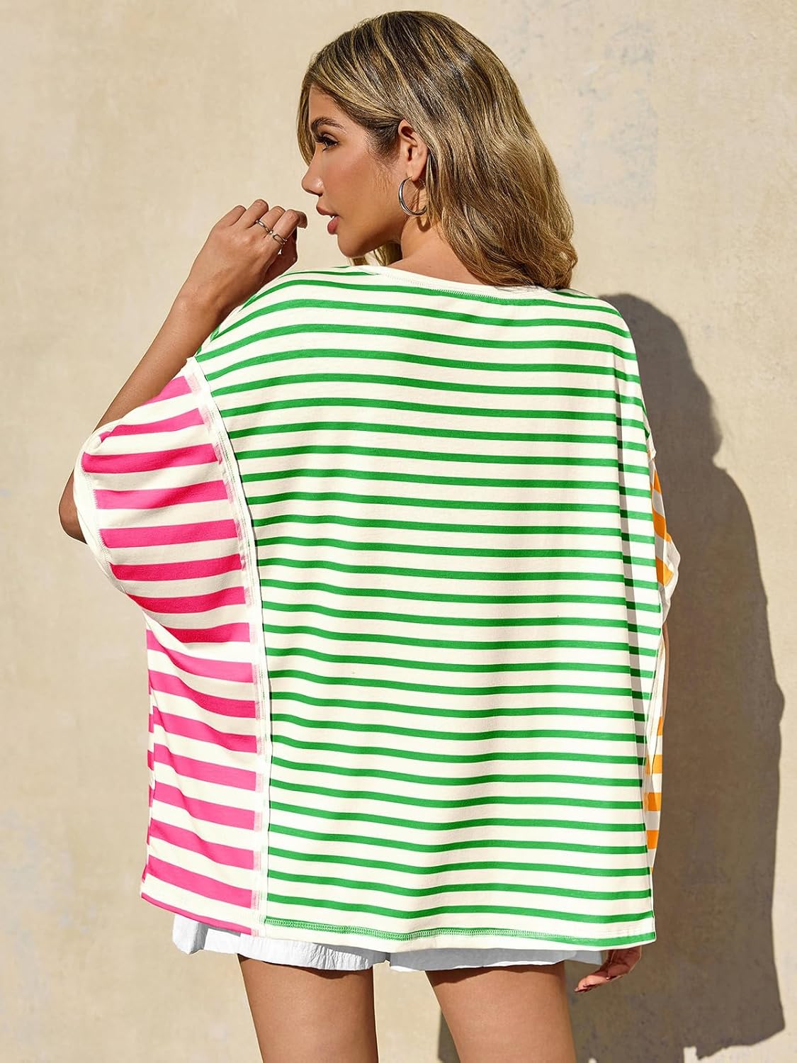 Tankaneo Womens Oversized Striped T-Shirts Color Block Short Sleeve Tee Tops Summer Casual High Low Hem Shirts - Image 6