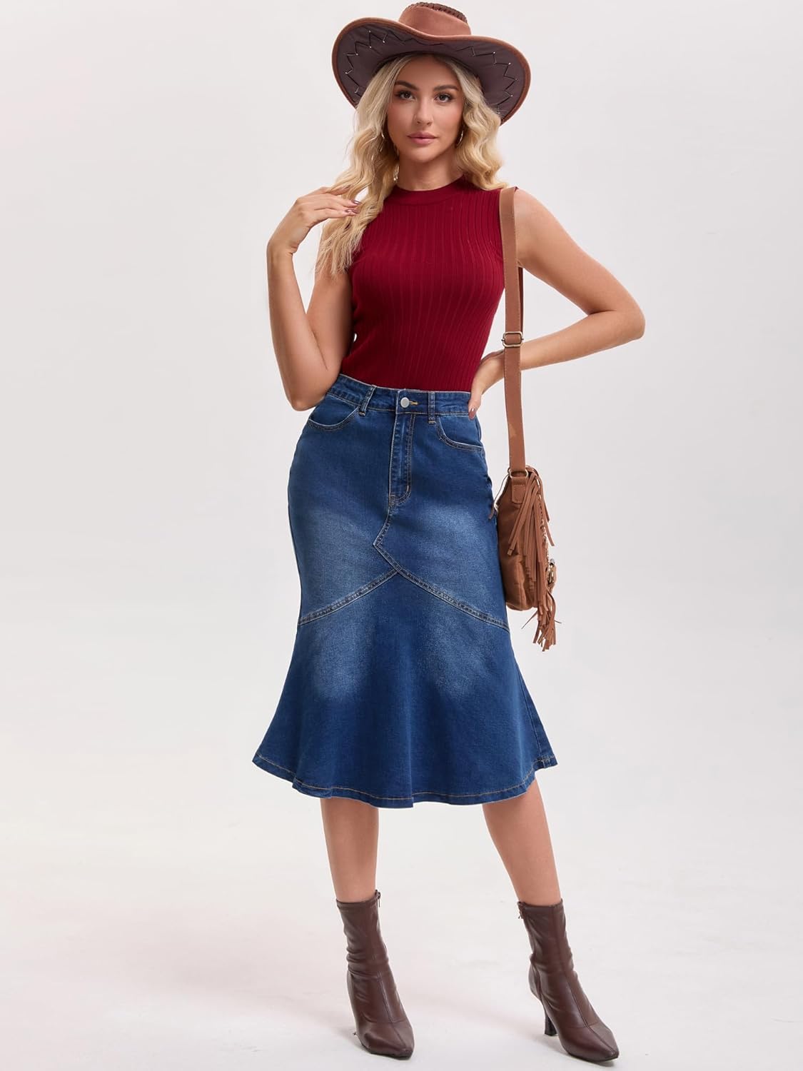 Womens Bodycon Fishtail Denim Skirt High Waisted Ruffled Knee Length Jean Skirt