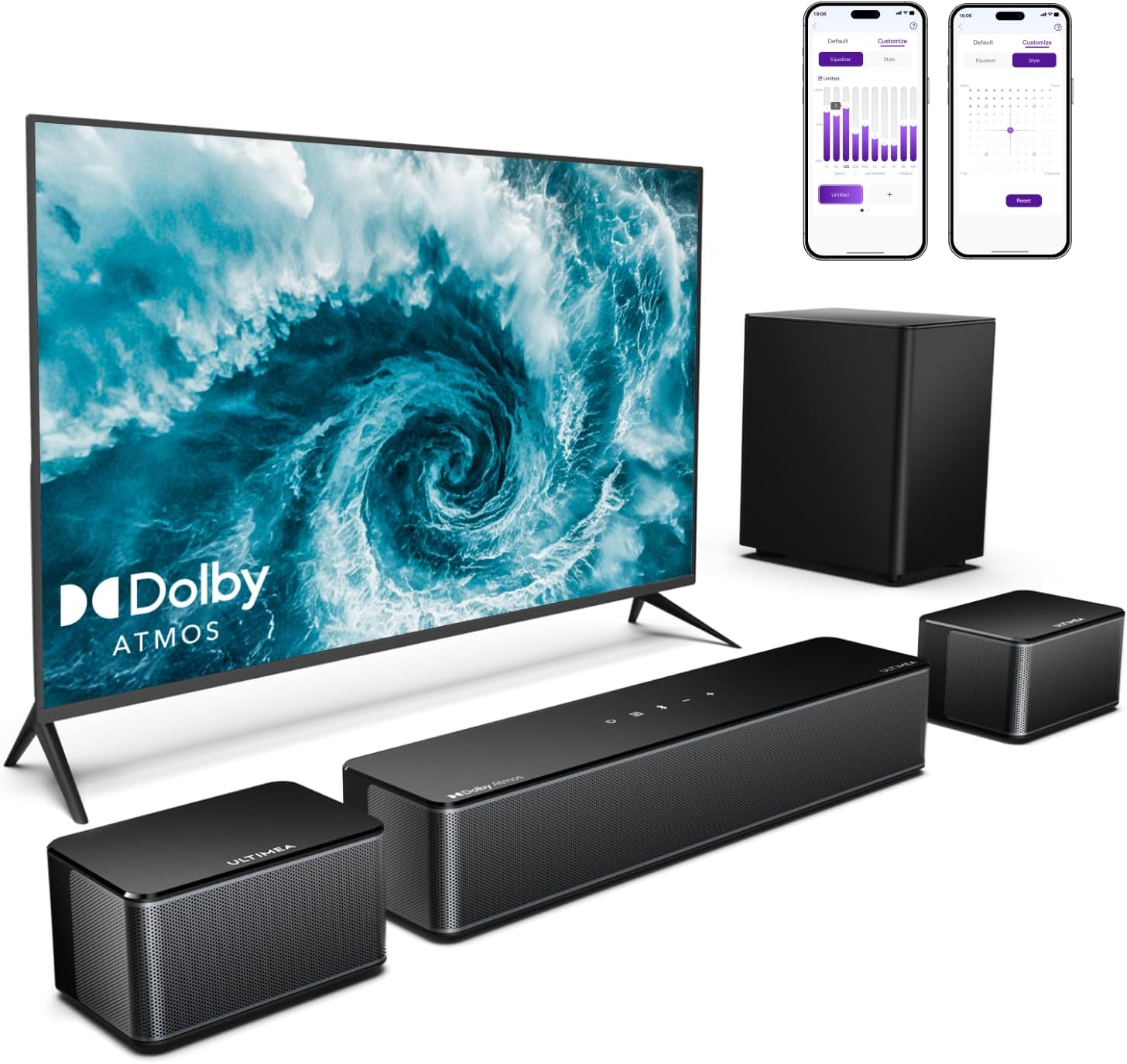 ULTIMEA 5.1 Soundbar with Dolby Atmos, 410W Surround Sound System Sound Bar for TV, Sound Bar with Wireless Subwoofer, Surround and Bass Adjustable Home Audio TV Speakers, APP Control, Poseidon D60