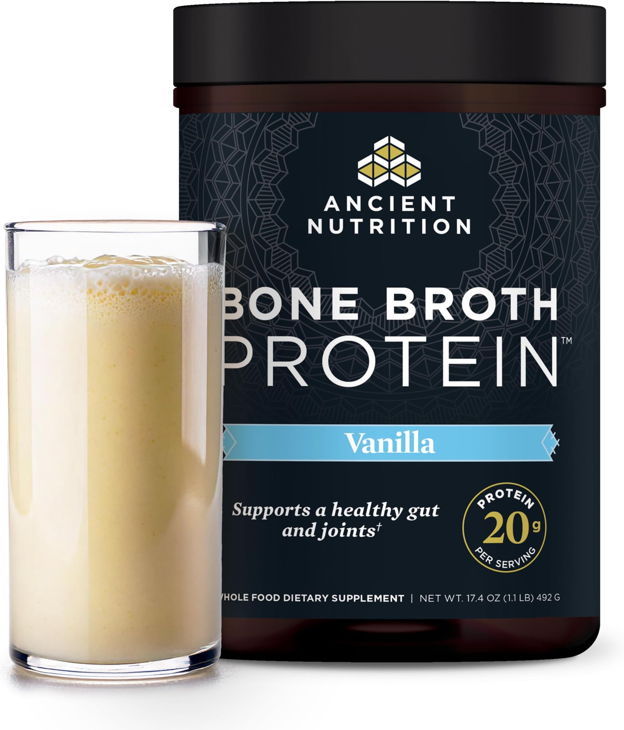 Ancient Nutrition Grass Fed Bone Broth Protein Powder, Vanilla | 20g Clean Protein, Grass-Fed & Pasture-Raised, Collagen Types I, II & III, Gut + Joint Support, 20 Servings