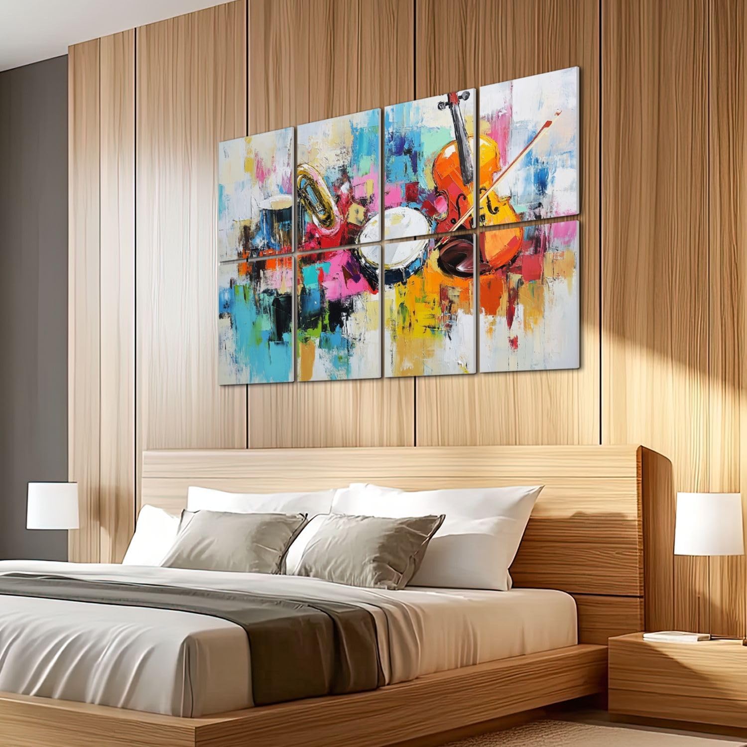 8 Pack Art Acoustic Panels Sound Absorbing Vintage Music Abstract Guitar Drum Violin Colorful Musical Instruments Decorative Soundproof Wall Panels Self Adhesive for Recording Studios Office 48"x32"