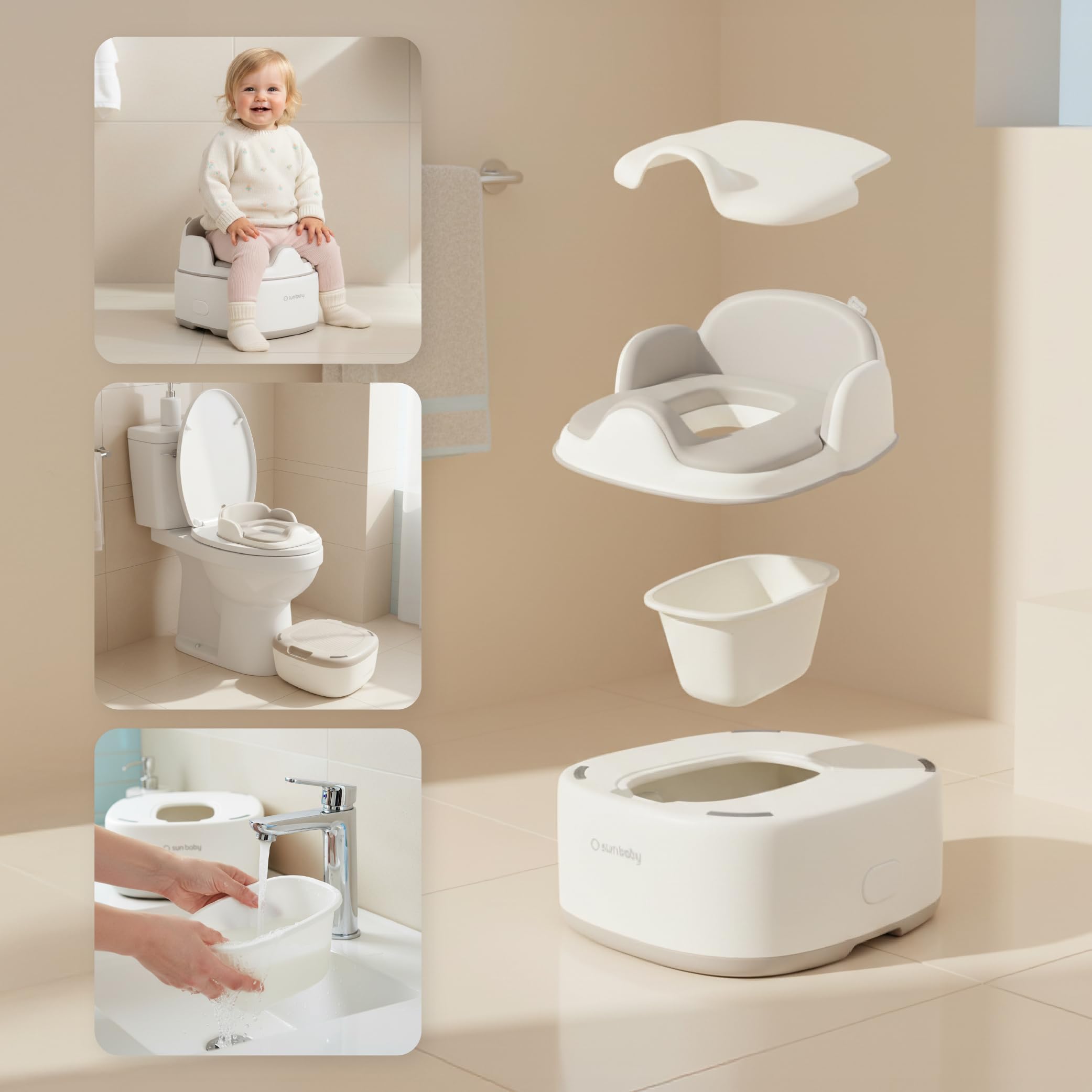 sun baby Vasino per bambini 1-6 anni - rialzo per WC, poggiapiedi - base antiscivolo, seduta morbida, schienale alto, coperchio igienico - Bianco-Grigio