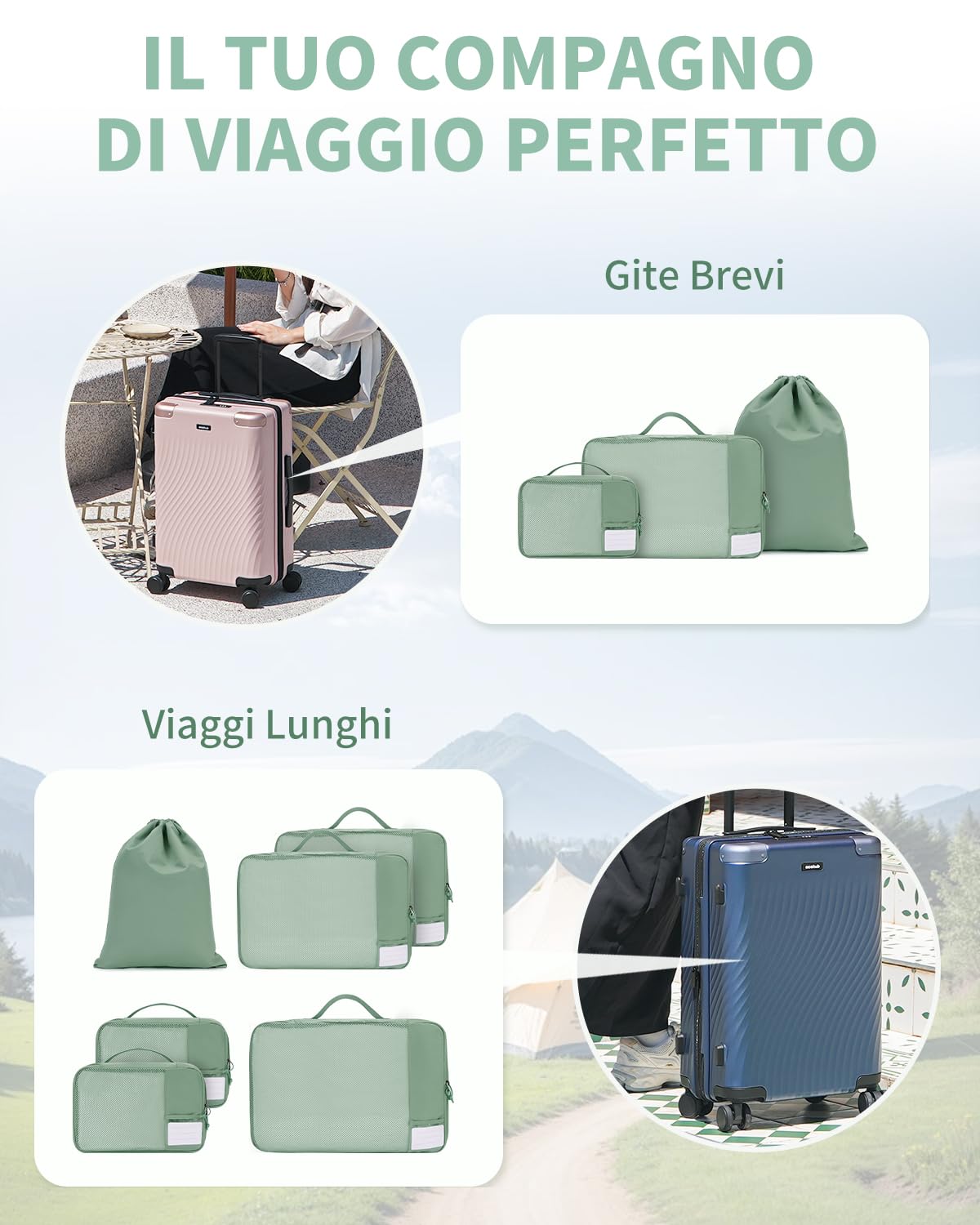 ECOHUB 6 Pezzi Organizer Valigia, Packing Cubes Salvaspazio con Tasca per Etichetta, Tessuto Ripstop Organizer Valigie, Viaggio Accessori Utili (Verde)