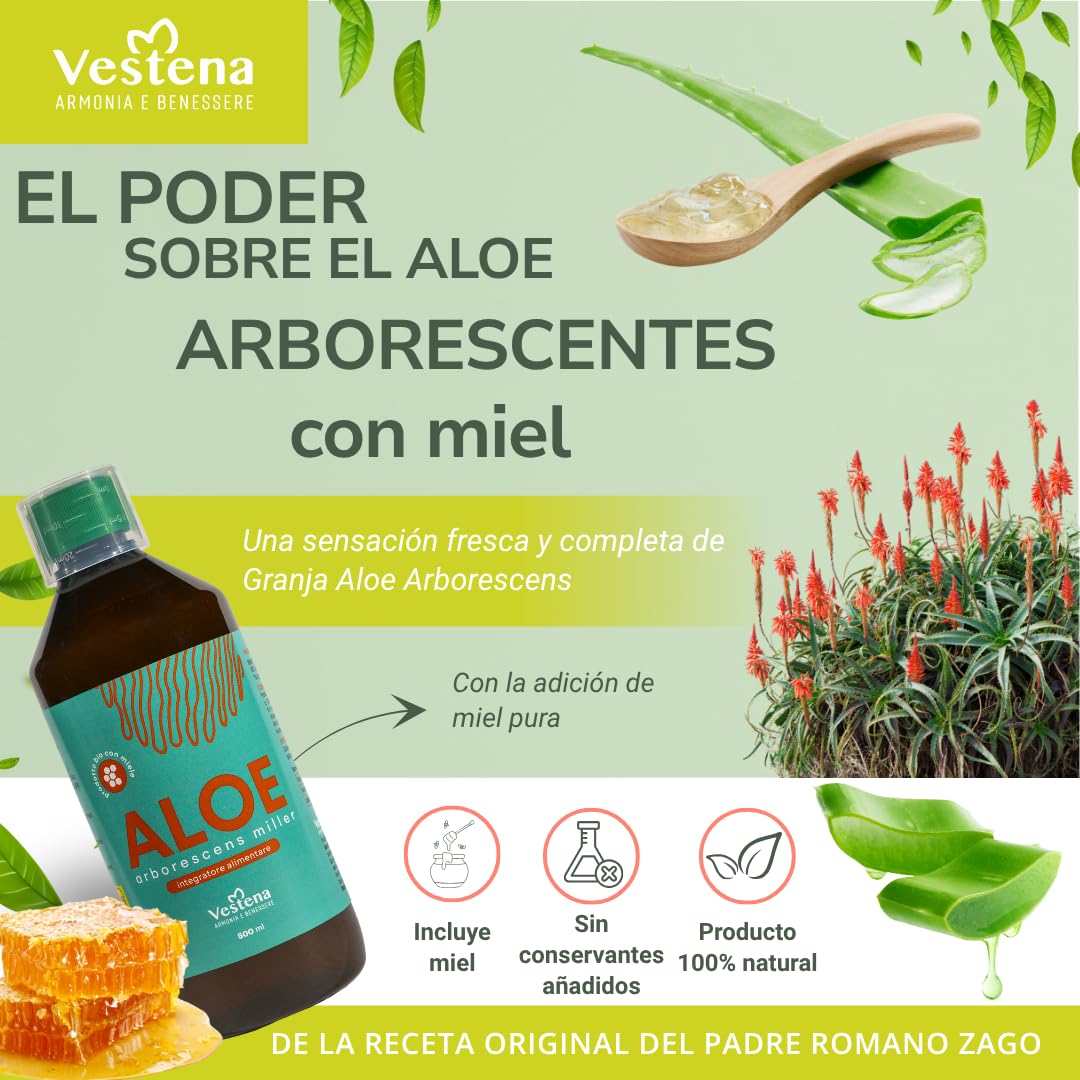 Vestena - Aloe Arborescens 100% Puro y Natural con Miel, Receta del Padre Zago. Jugo Detox Natural para Hígado e Intestino, Drenaje Potente - 500 ml - Made in Italy