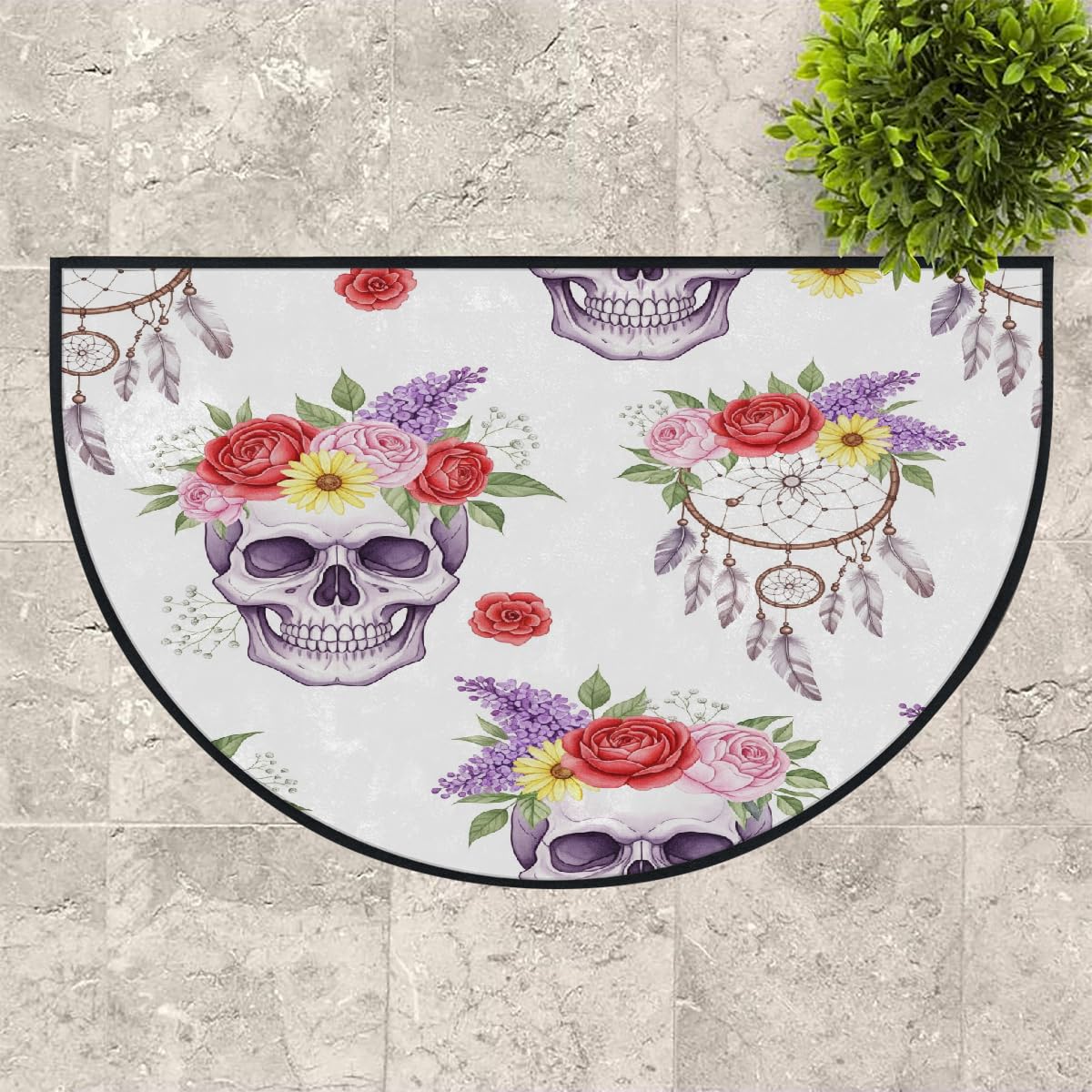 Große halbrunde Fußmatte – Boho-Totenkopf-Blumenmuster, waschbar, rutschfest, halbrund, Eingangsbereich, niedlich, weich, halbrund, saugfähig, Teppich für Küche, Badezimmer, Schlafzimmer, 160