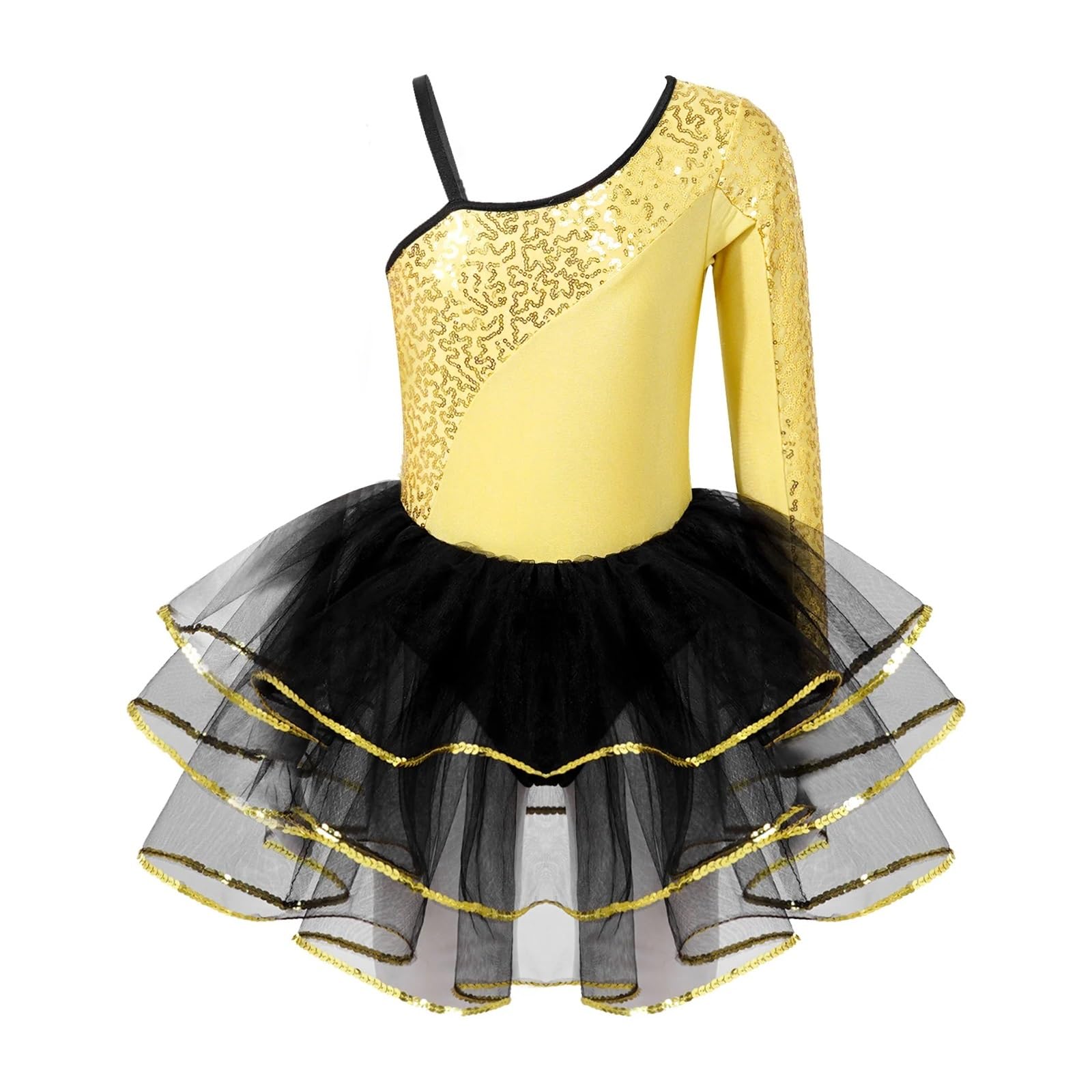 Maillot patinaje artistico Vestido de leotardo gimnástico con lentejuelas for niñas, traje de baile for niños, vestido de patinaje sobre hielo de manga larga de malla, Ropa de baile for actuaciones(Go