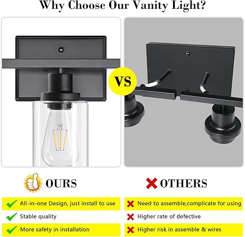 Miniatura 3 de Ascher Lámparas de tocador de baño, 3 lámparas de pared con pantalla de cristal transparente, luces de pared negras para espejo, cocina, sala de