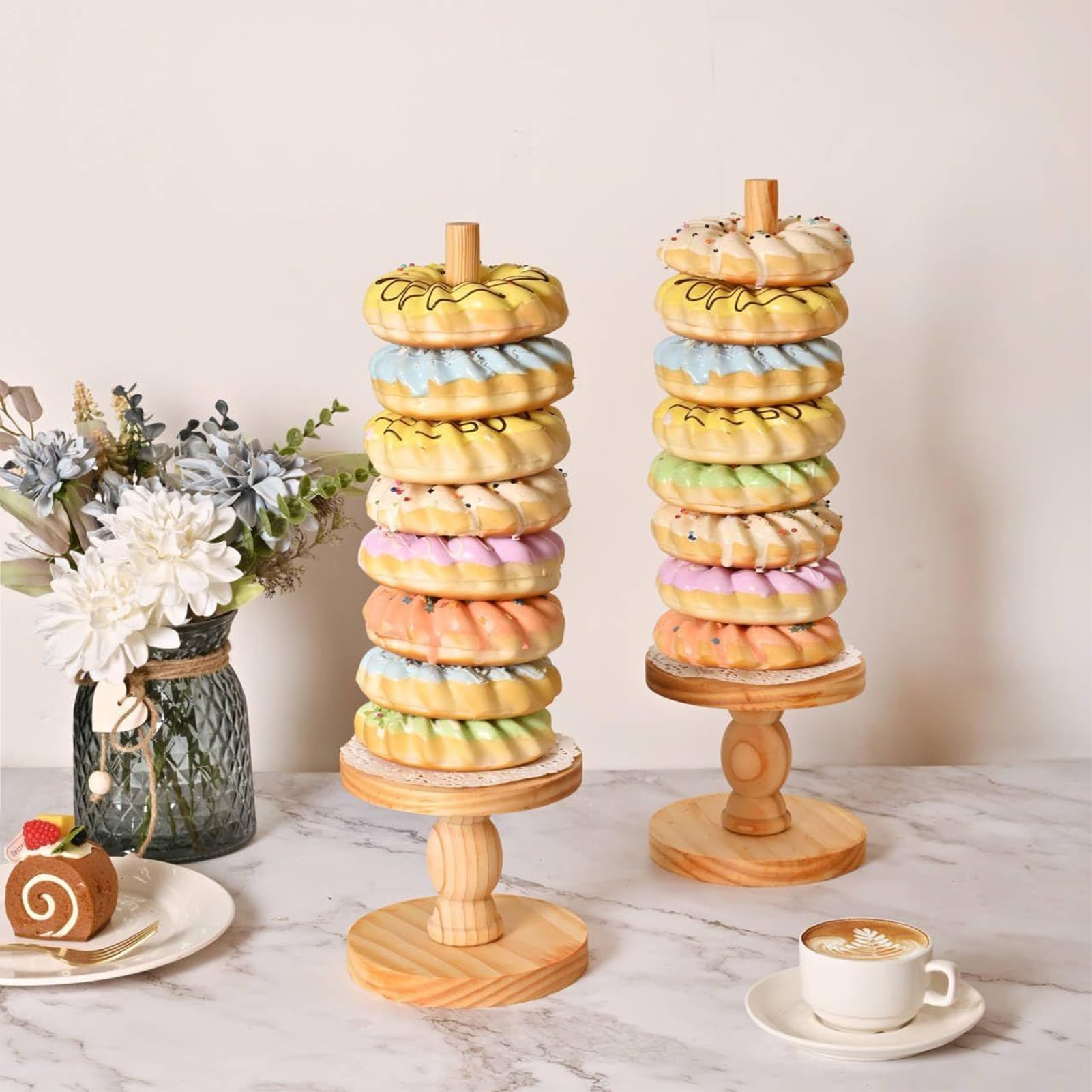 Soporte de Donuts 4 Piezas Torre de Exhibición de Madera | Torre Para Donas Y Bagels Para Postres Bodas Cumpleaños Navidad Shower Servicio De Mesa Buffet Hogar Restaurante Casa De