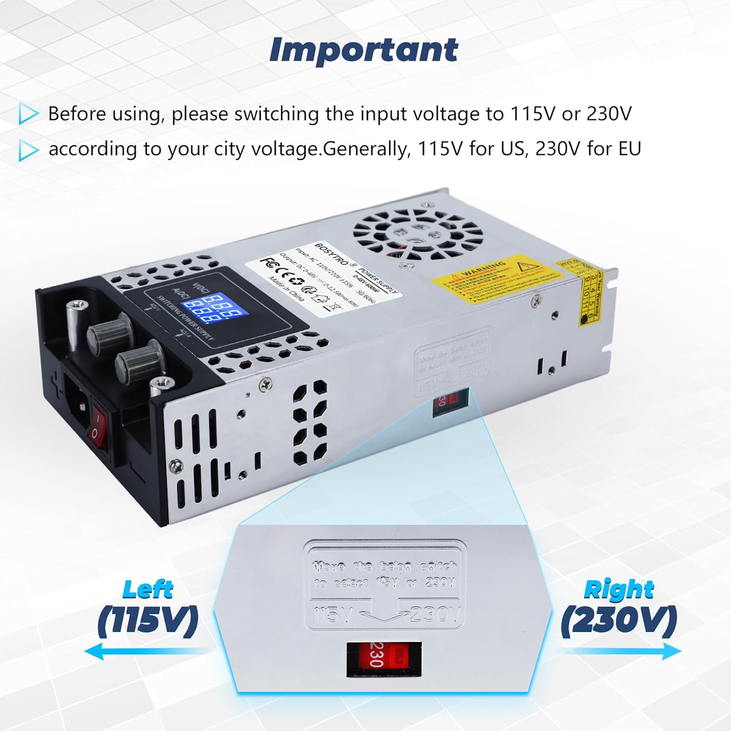Input voltage selection switch (115V/230V) on the power supply