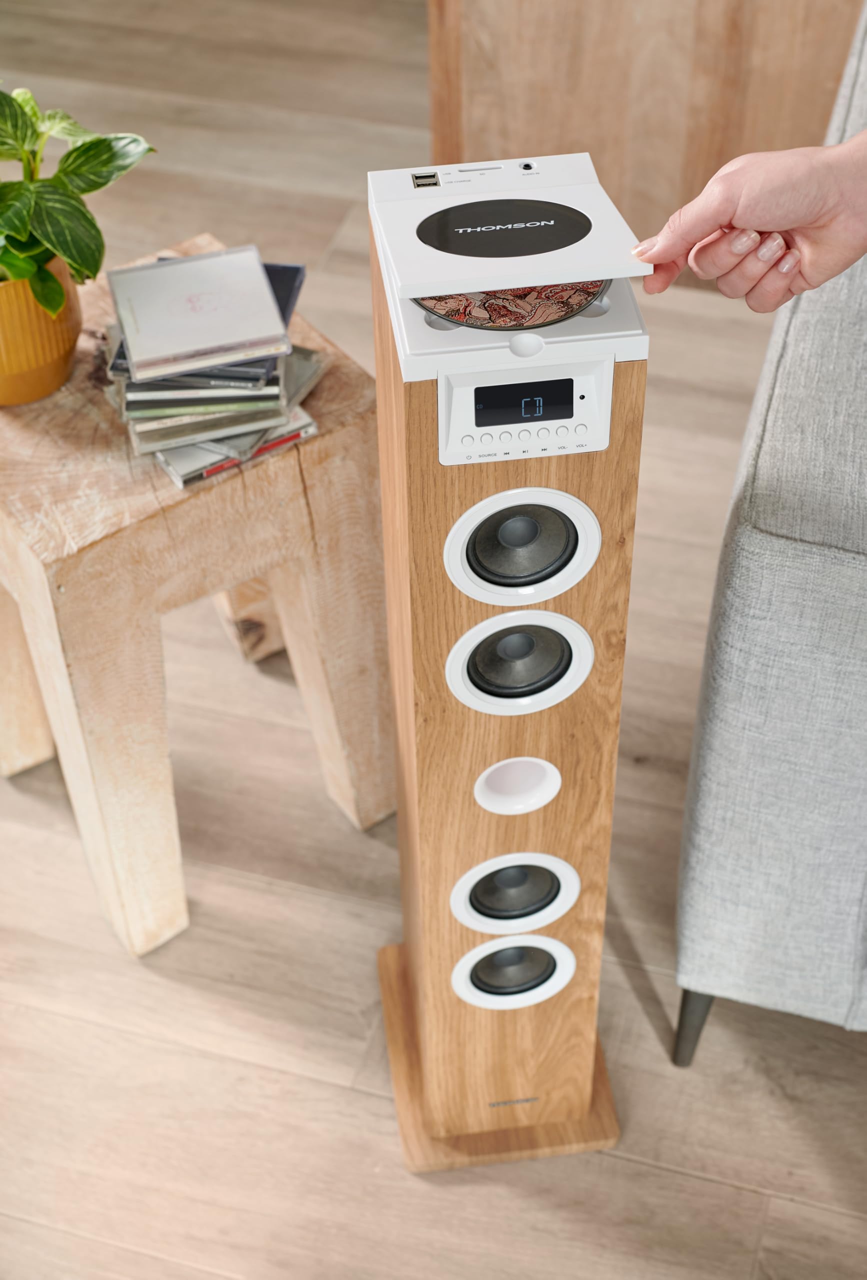 Tour haut-parleur - THOMSON - Blanc/Bois - Bluetooth/CD/USB/SD, 60W, Radio FM, Télécommande, Alim. 230V