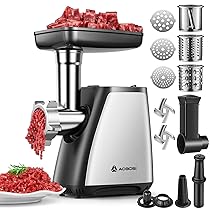 Tritacarne AAOBOSI, Tritacarne Elettrico 4-IN-1(2800W Max)con 3 Affettatrici,Lame per Tritare, 2 Lame, 3 Piatti, Insaccatrice per Salsicce, Kit Kubbe, per Uso Domestico in Cucina, Acciaio Inossidabile