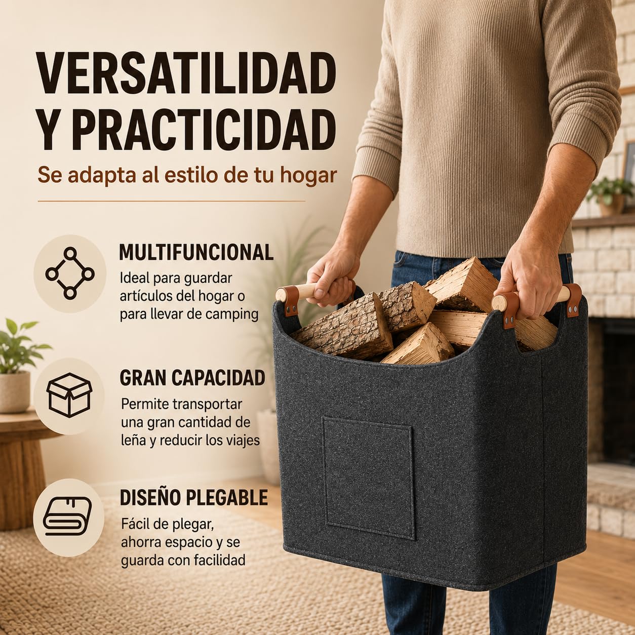 Cesta para Leña 2 Unidades, de fieltro Fieltro extra grueso y asa reforzada, plegable Bolsa, con bolsillo frontal, 67L & 96L, 50×32×40 cm 60×40×40 cm, Guardar Periódicos la Chimenea