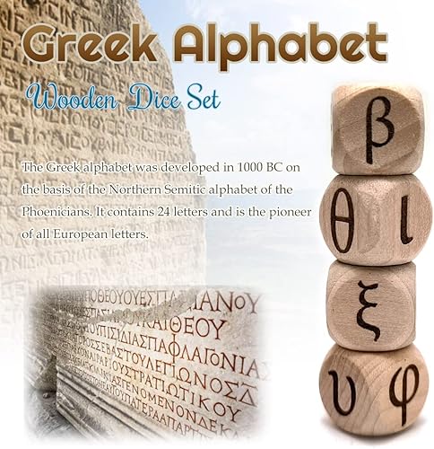 Miniatura 2 de Juego de dados de madera del alfabeto griego, 24 letras griegas talladas, cubos rodantes para juegos de fiesta de enseñanza (minúscula, 4