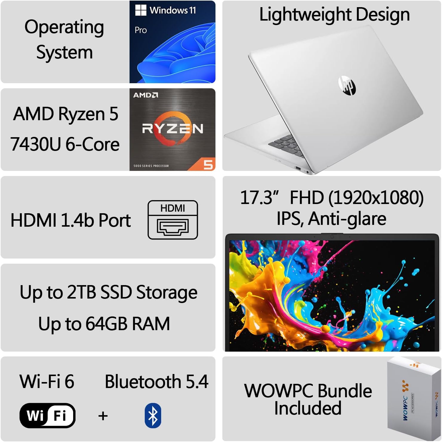 HP 17 Inch Laptop, AMD Ryzen 5 7430U 6-Cores Processor (Beats i7-1355U), 17" FHD (1080p) IPS Display, 32GB RAM, 1TB SSD, Wi-Fi 6, Windows 11 Pro, w/WOWPC Recovery USB