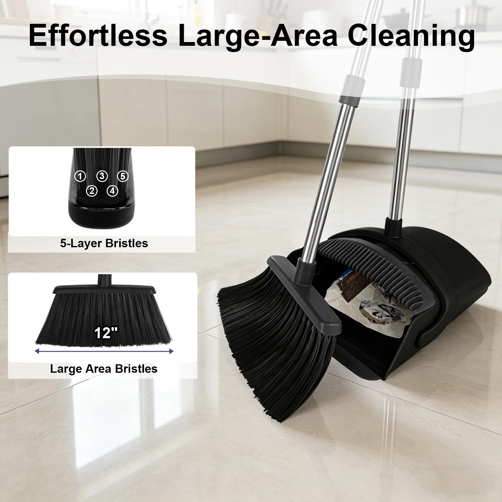Scopa verticale extra large aggiornata - Lunghezza 144 cm, setole grigie per una migliore pulizia interna ed esterna - Manico in acciaio inox - Soluzione di pulizia per casa, cucina e ufficio